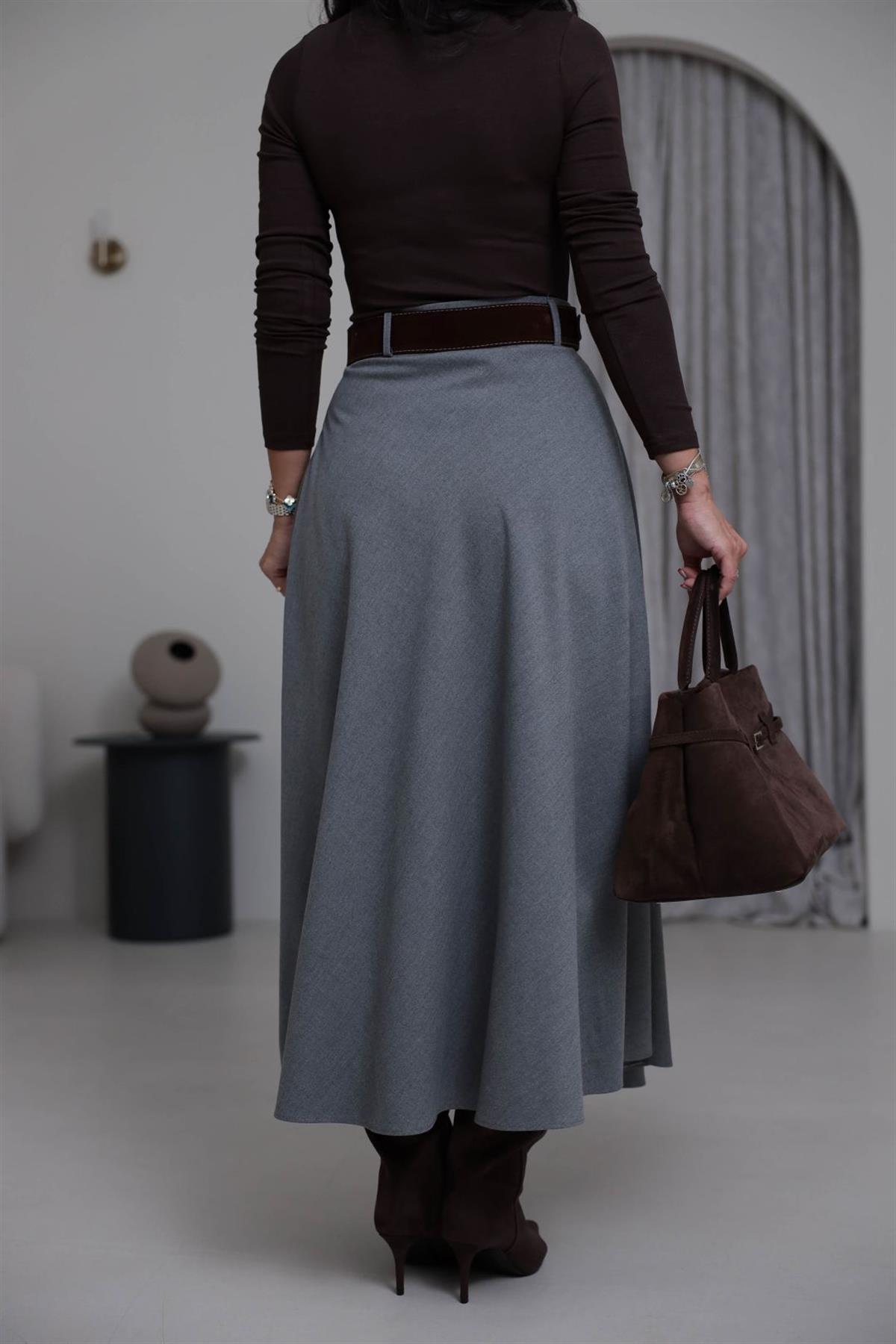 0647 Süet Kemerli Kloş Etek GRİ