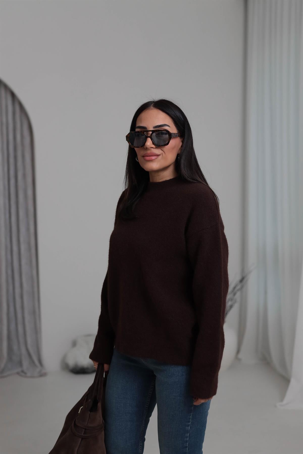 0640 Bisiklet Yaka Yumuşak Dokulu Triko Kazak KAHVE