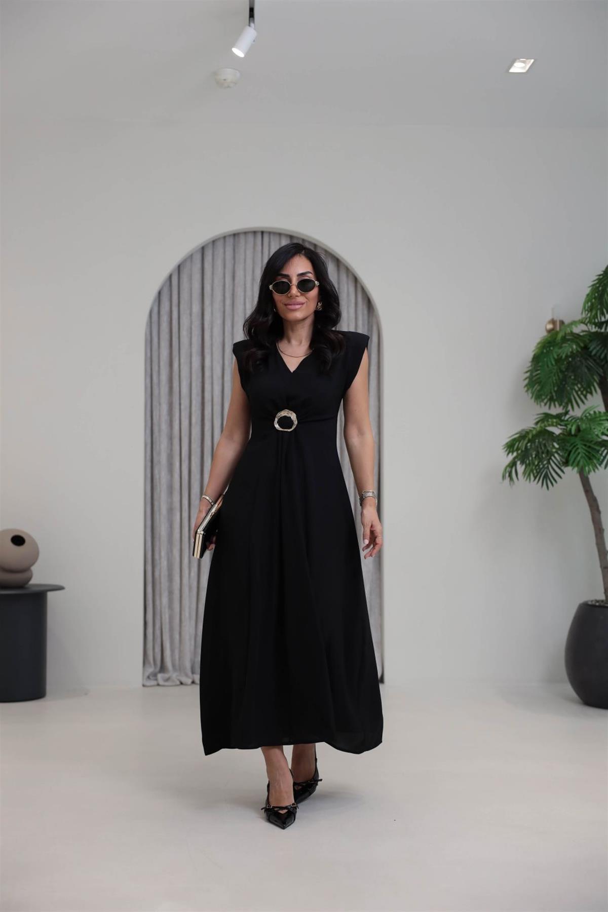 3865 V Yaka Gold Tokalı Maxi Elbise SİYAH