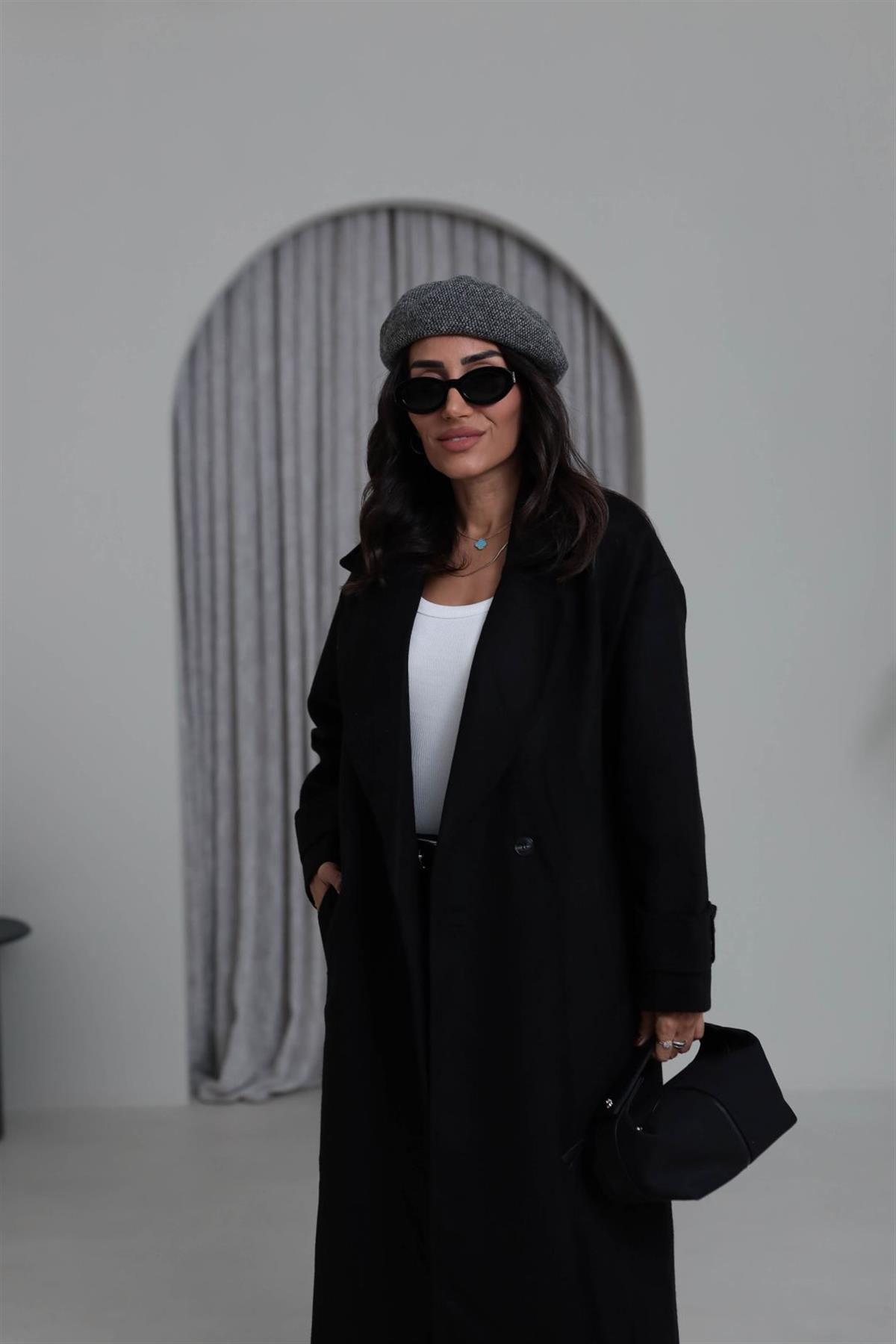 9516 Kruvaze Yaka Kaşe Kaban SİYAH