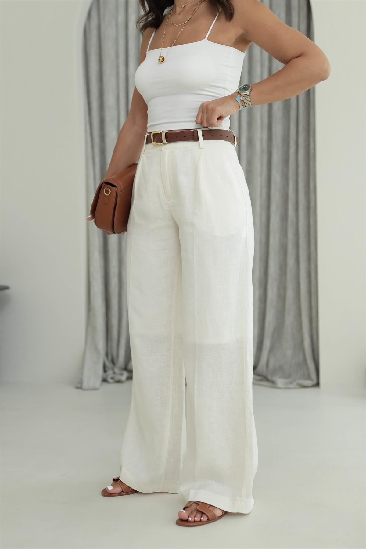 7214 Ham Keten Dökümlü Pantolon NATURAL