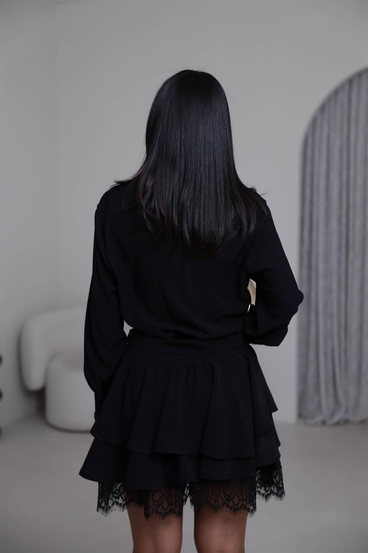 3858 Gömlek Yaka Dantel Detay Kemerli Elbise SİYAH