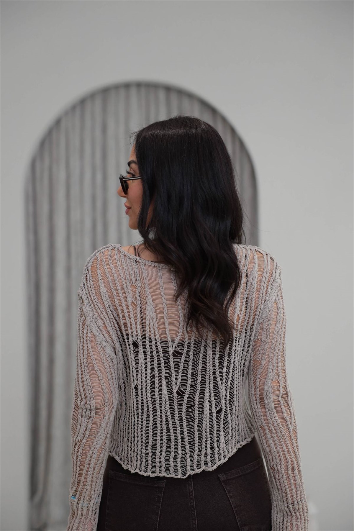 4490 Ajurlu Geniş Yaka Triko Bluz BEJ