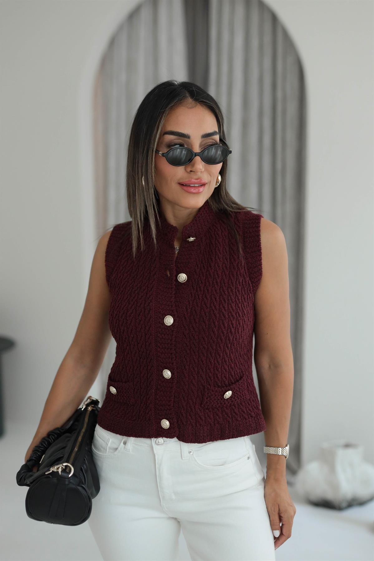 4501 Saç Örgü Detaylı Gold Düğmeli Yelek BORDO