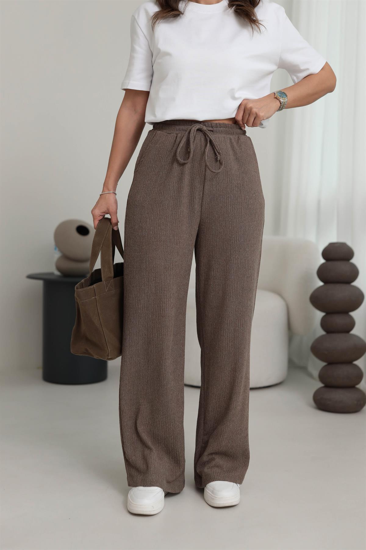 6525 Beli Lastikli Bürümcük Kumaş Rahat Pantolon VİZON