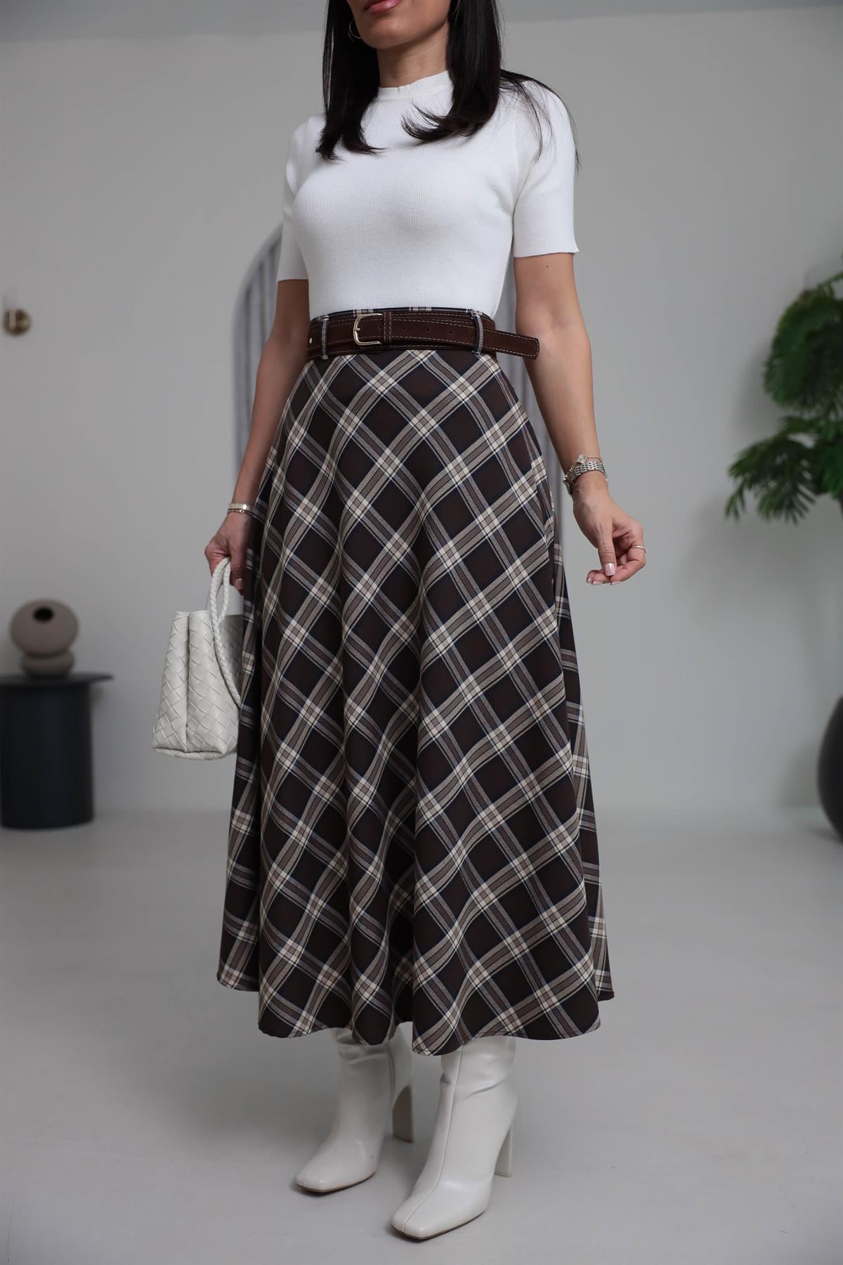 8461 Süet Kemerli Ekose Maxi Etek KAHVE