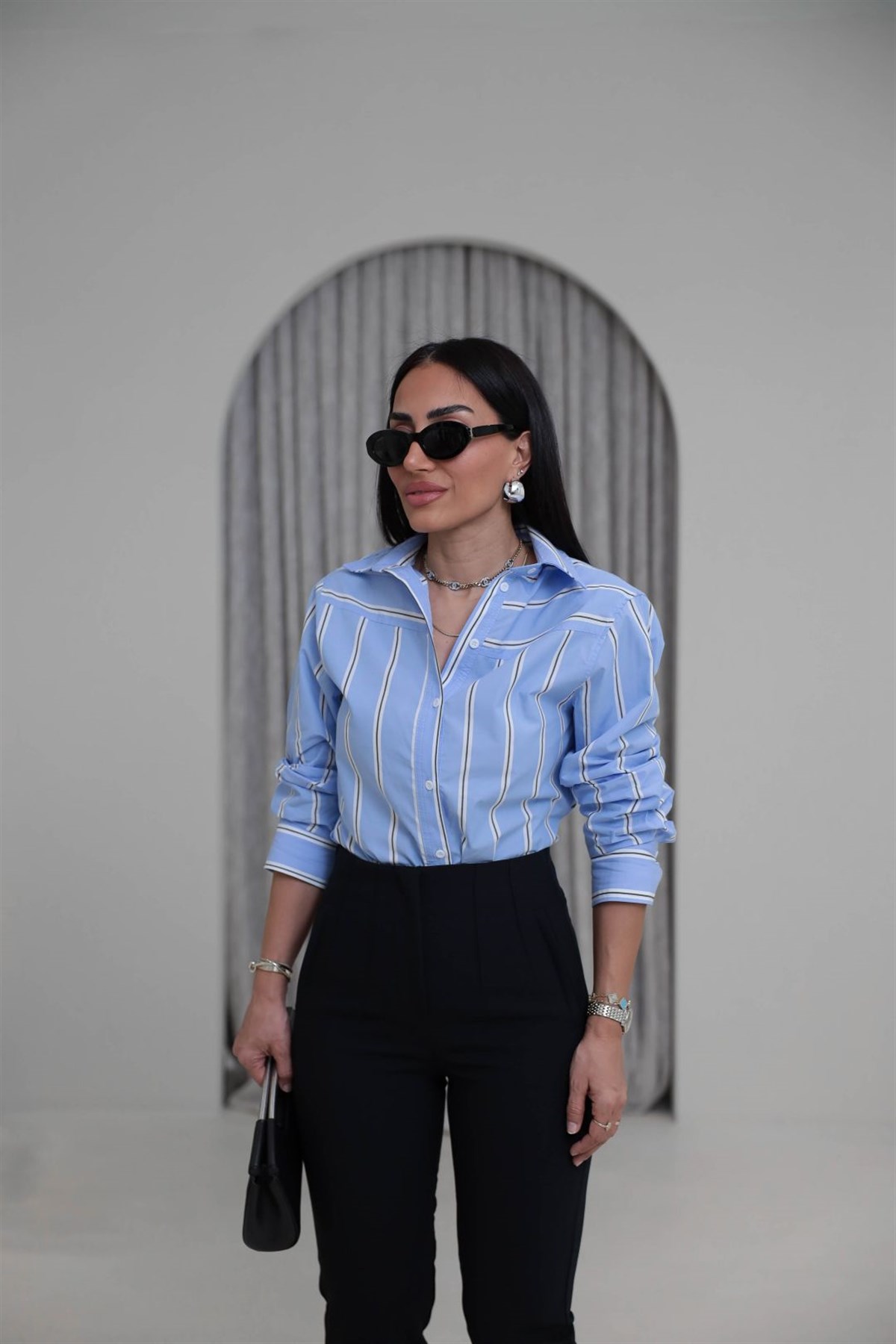 7434 Vatkalı Yanları Düğmeli Çizgili Gömlek MAVİ