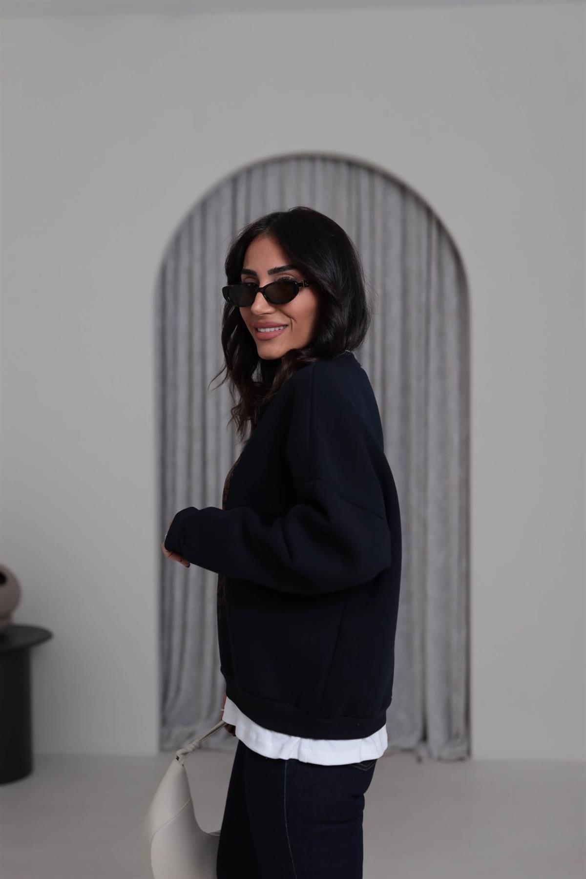 0612 Leopar Baskılı Şardonlu Garnili Sweatshirt LACİVERT