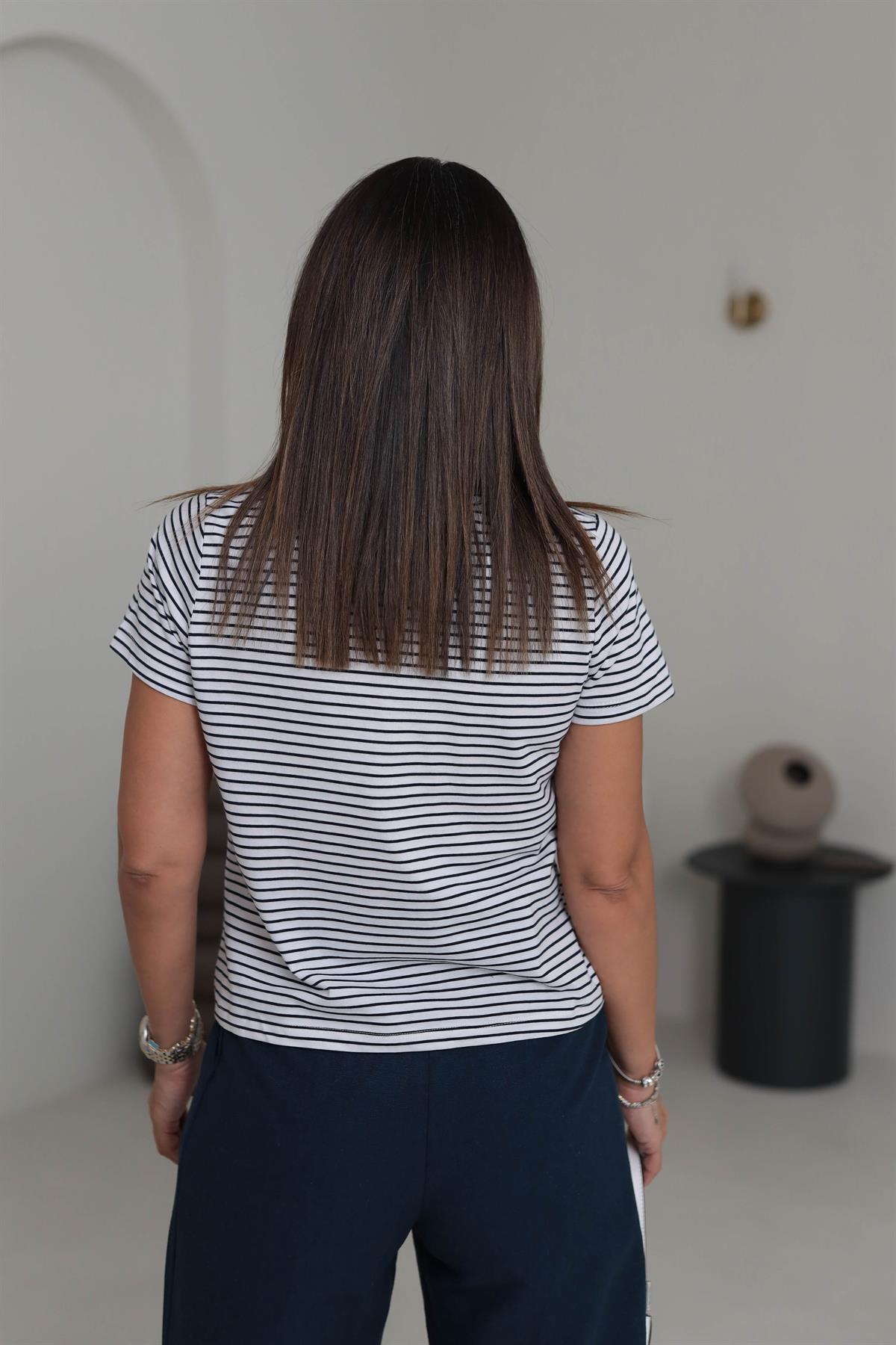 0415 Kiraz Nakış İşlemeli Çizgili Pamuklu Tshirt LACİ-BEYAZ