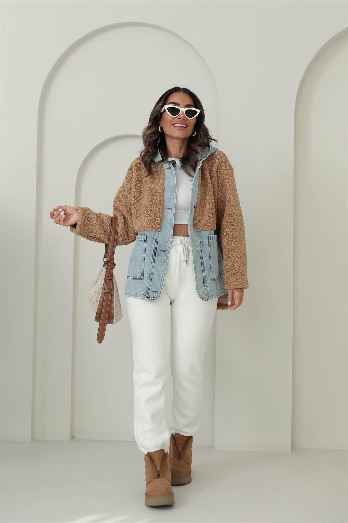 4163 Kot Garnili Kapşonlu Teddy Mont CAMEL