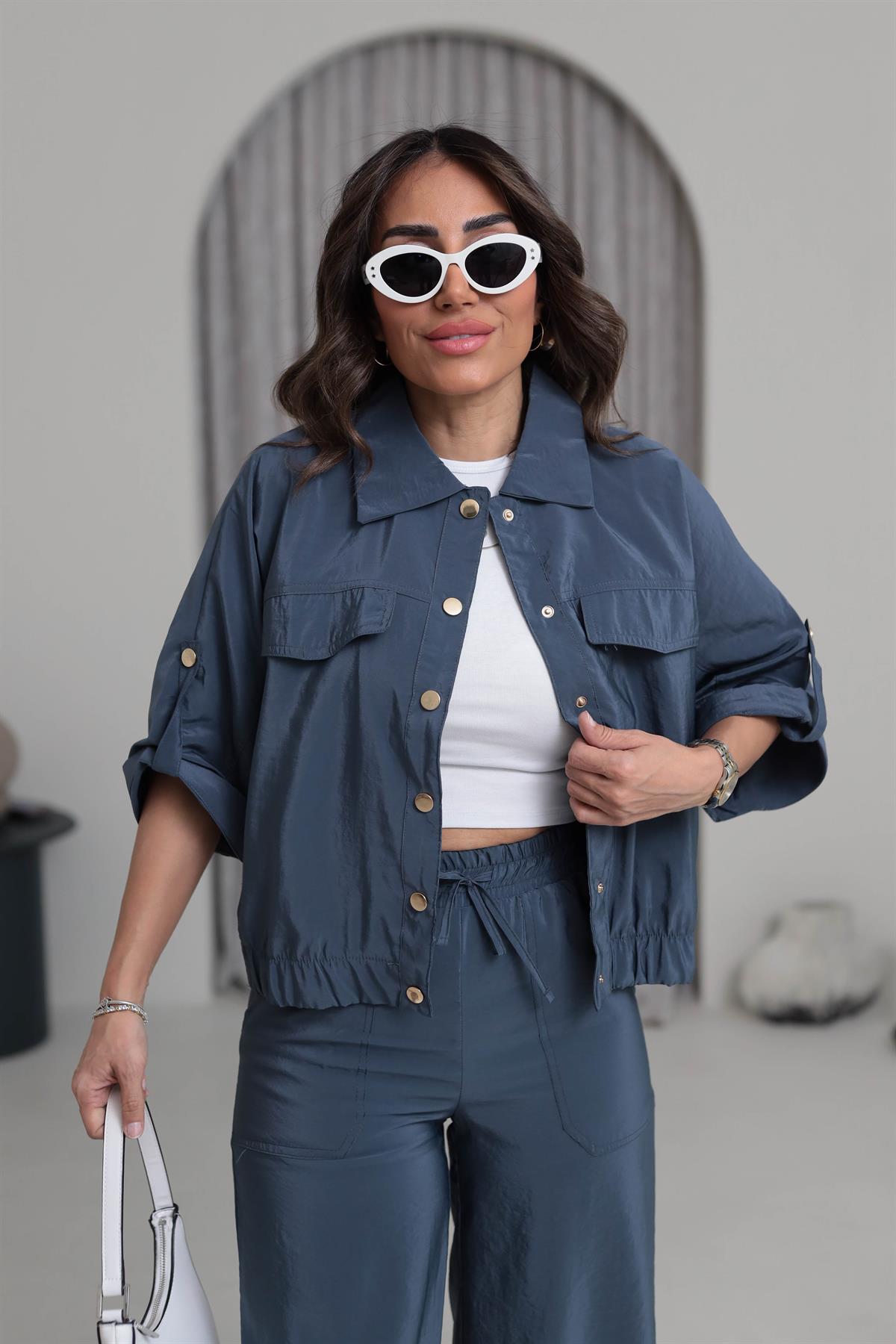 7013 Gold Düğme Detaylı Mevsimlik Ceket Indigo