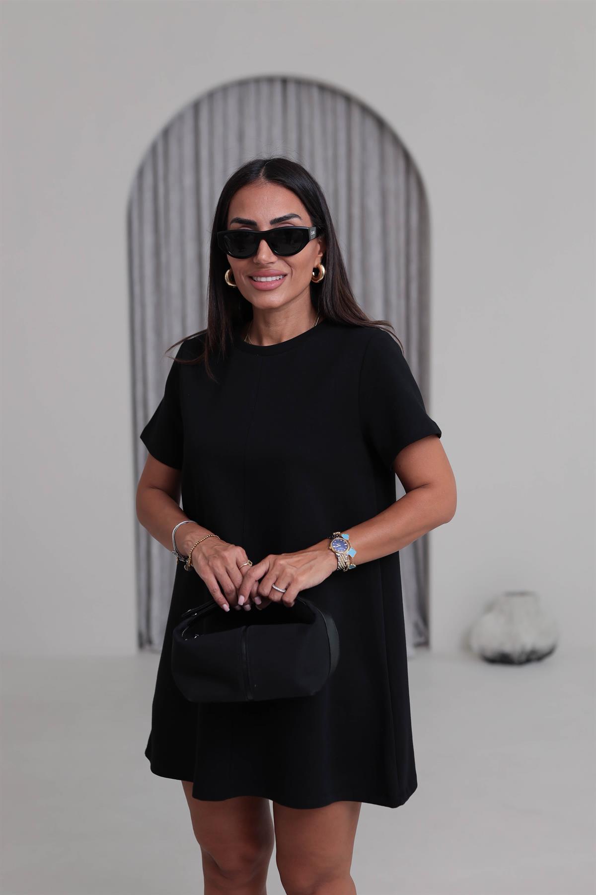 1523 Ön Dikiş Detaylı Penye Elbise SİYAH