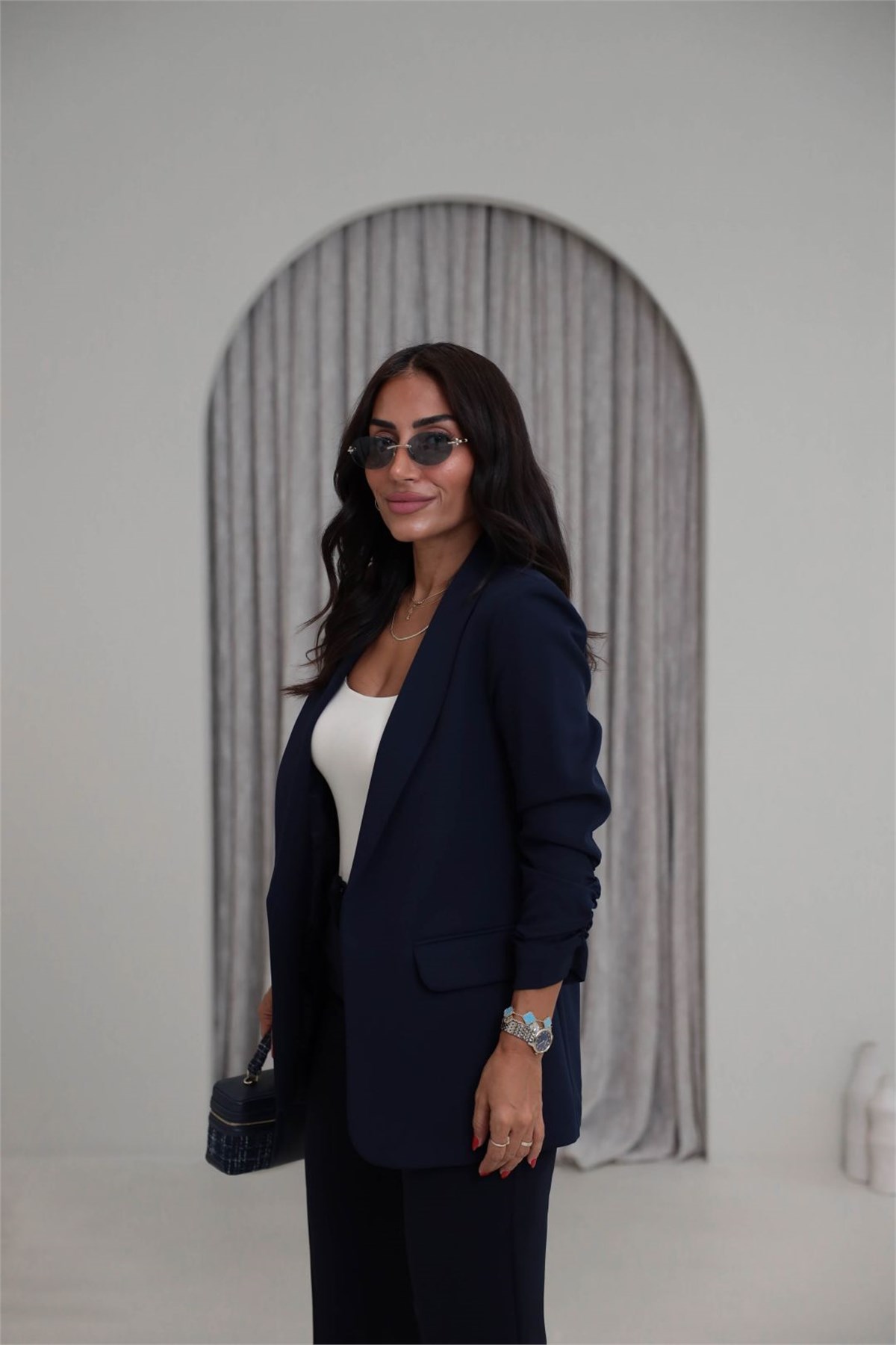 3101Y Vatkalı Kolları Büzgülü Blazer Ceket LACİVERT