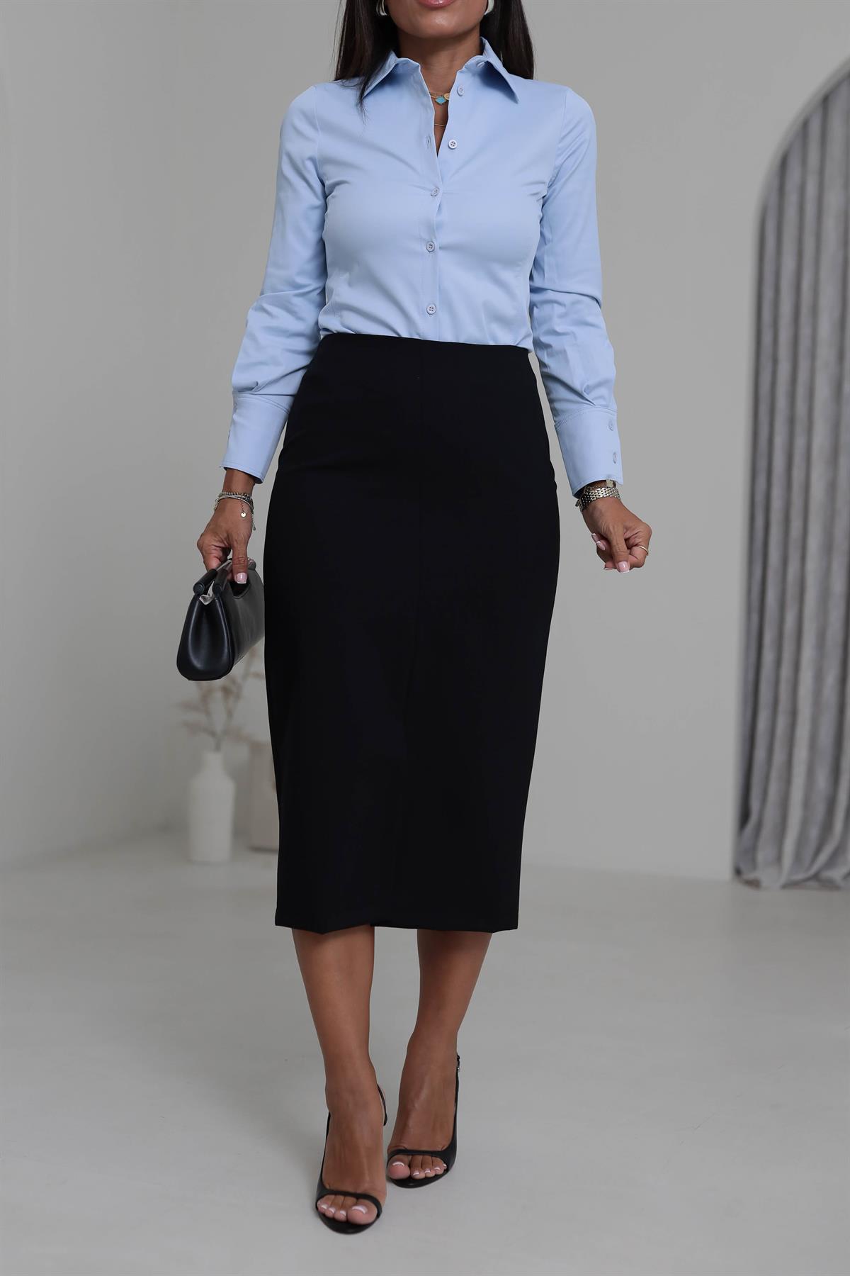 4866K Önden Yırtmaçlı Kalem Etek SİYAH