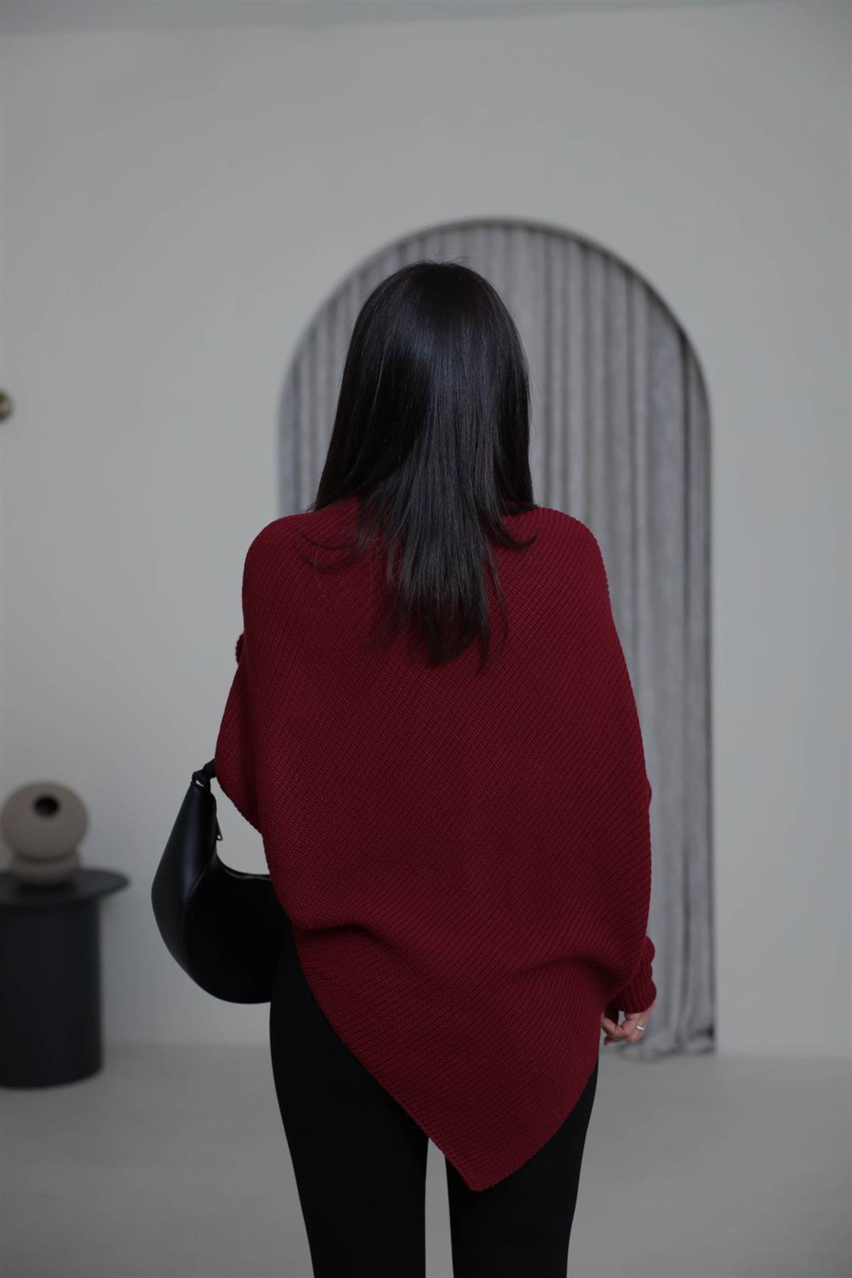2574 Balıkçı Yaka Asimetrik Triko Kazak BORDO