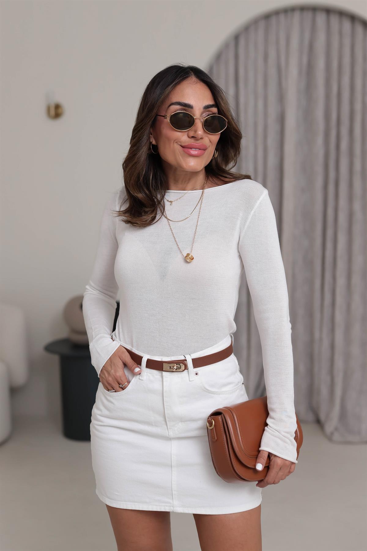 Havuz Yaka İnce Merserize Triko Bluz BEYAZ