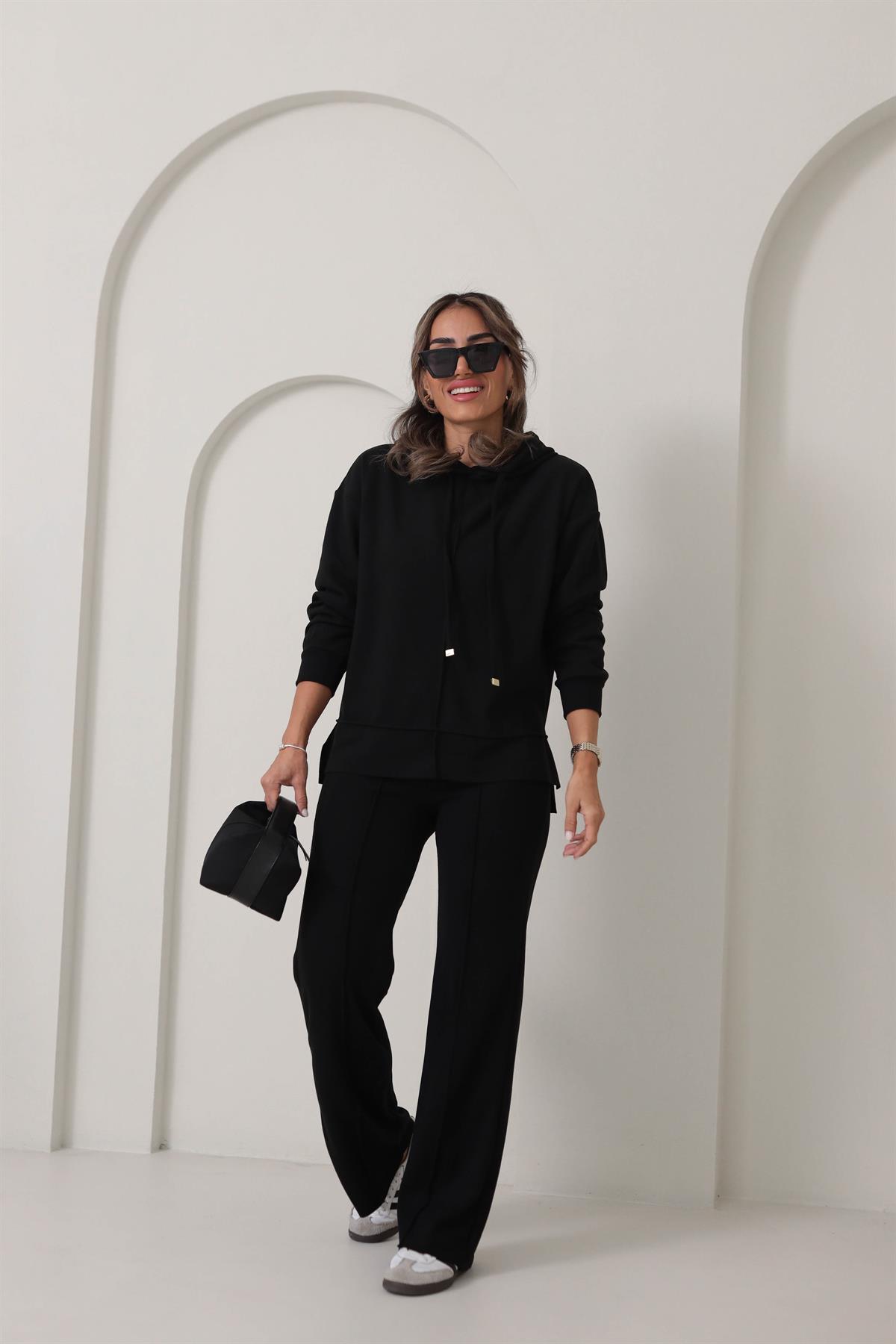 09T2 Ön Dikiş Detaylı Dokulu Rahat Takım SİYAH