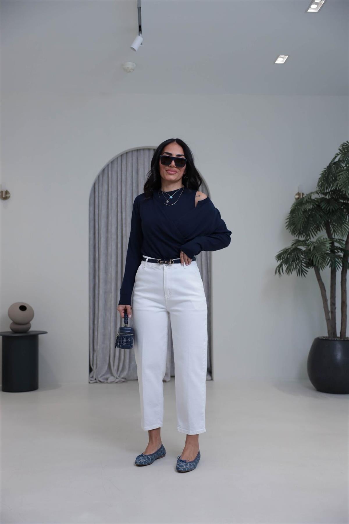 3001 Yüksek Bel Likralı Slouchy Jean BEYAZ