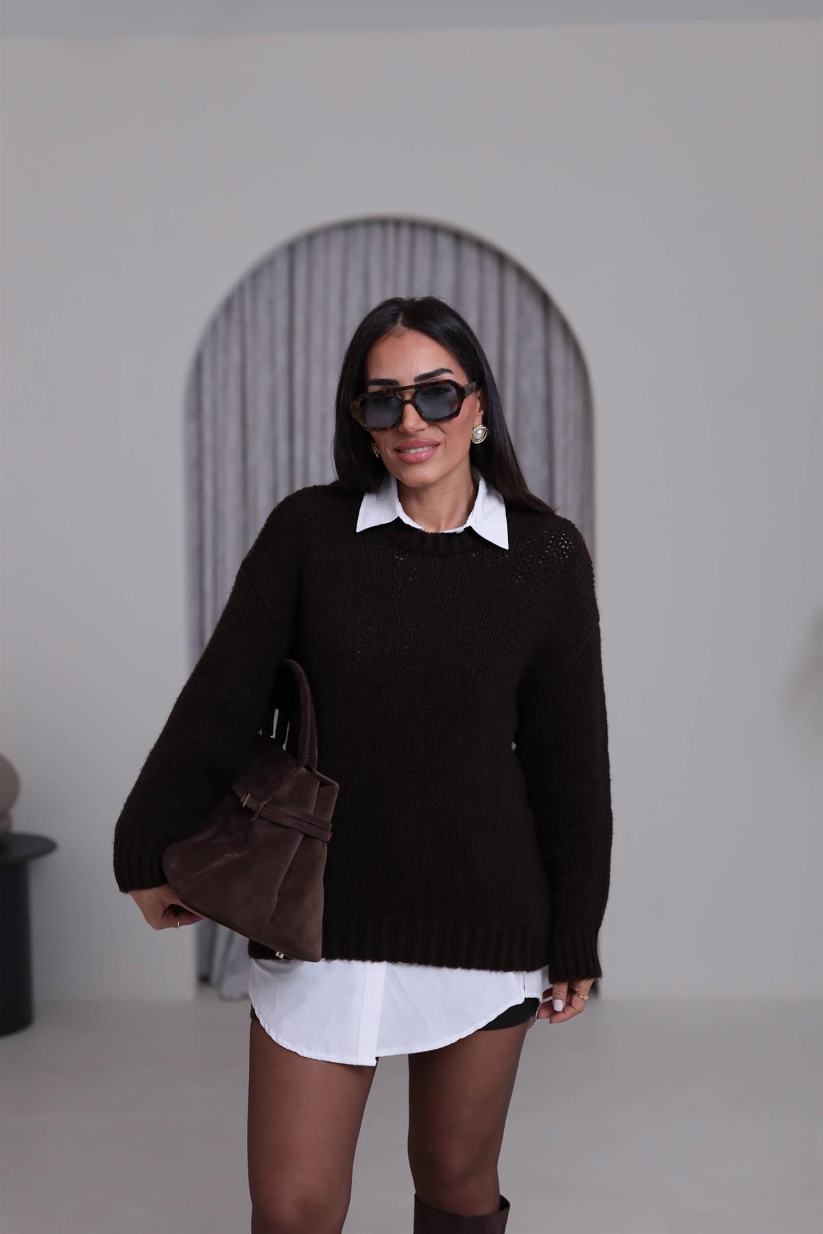 1091 Kalın Örgü Bisiklet Yaka Kazak ACI KAHVE