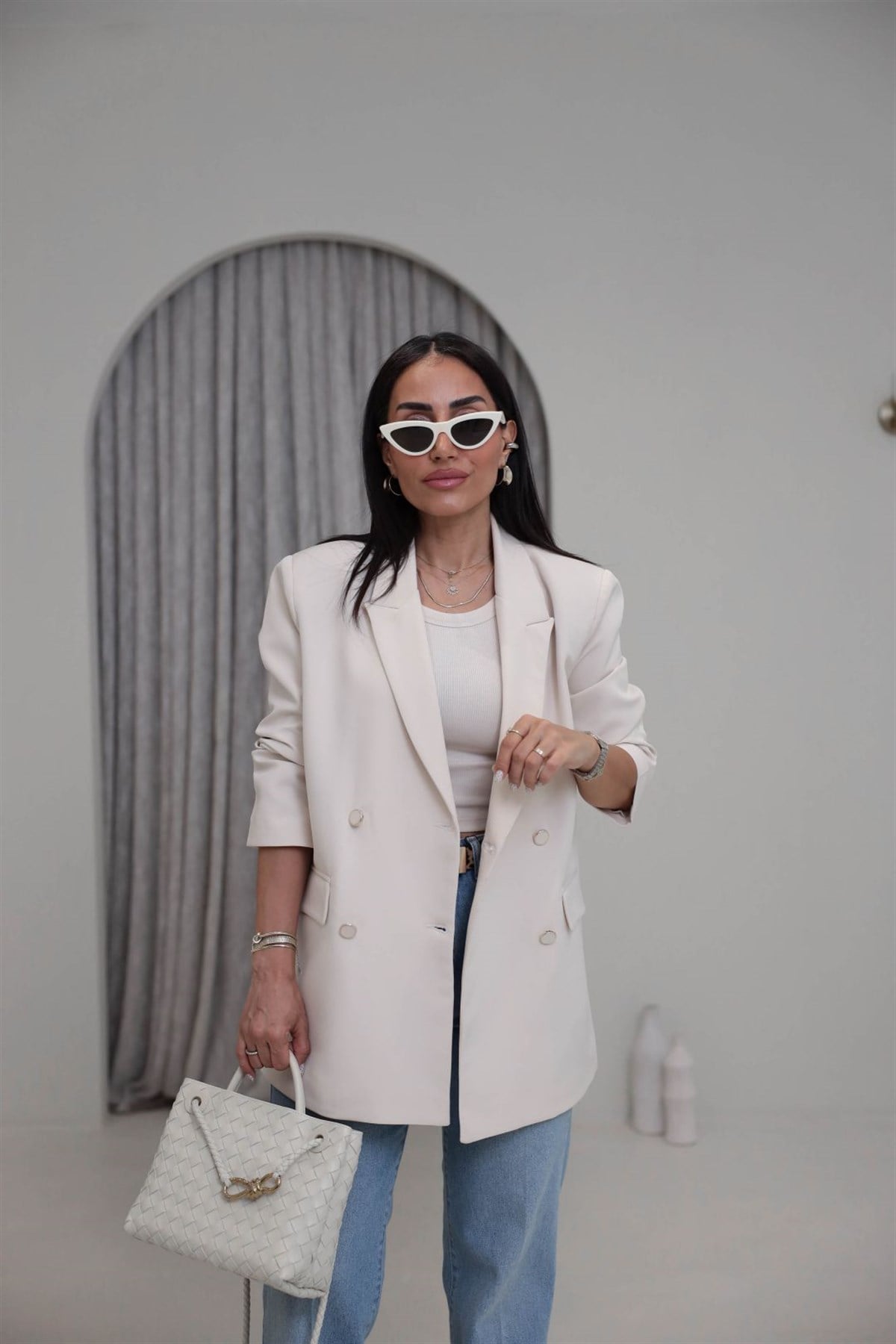 4512 Vatkalı Çift Düğme Detaylı Blazer Ceket KREM