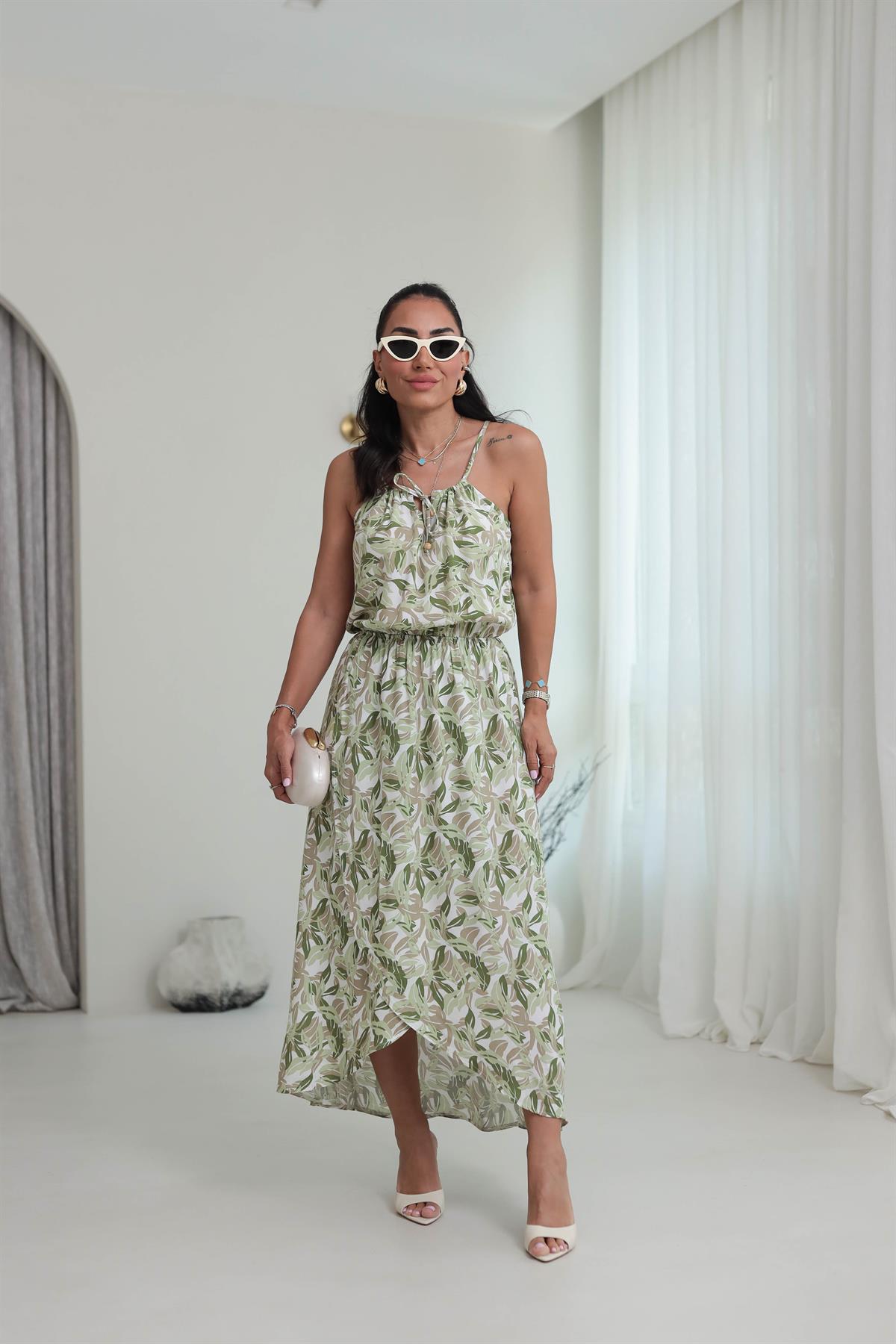 7298 Boncuk Detay Bağlamalı Bel Lastikli Elbise YEŞİL