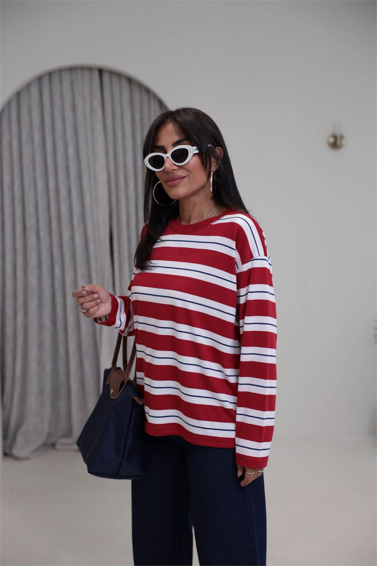 6357 Çizgi Detaylı Yumuşak Kumaş Sweatshirt KIRMIZI