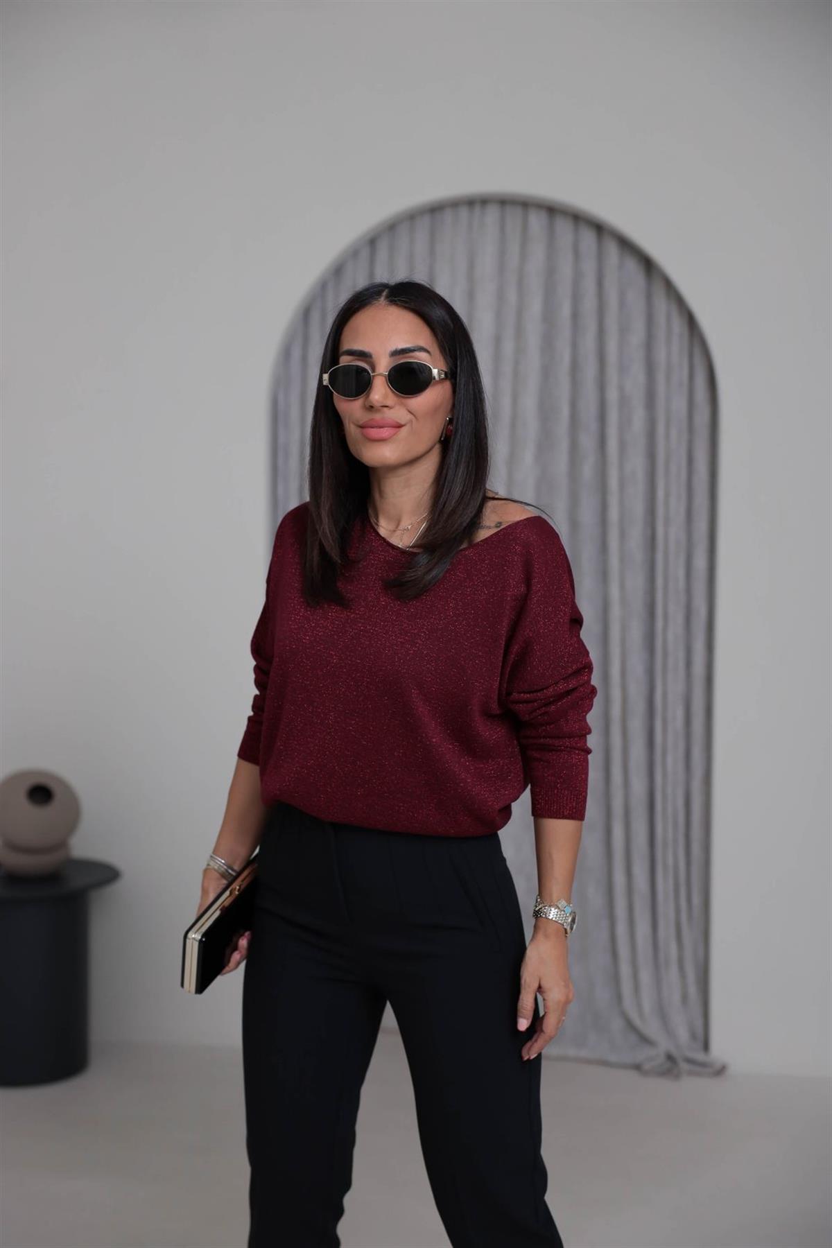 Kayık Yaka Simli Bluz BORDO