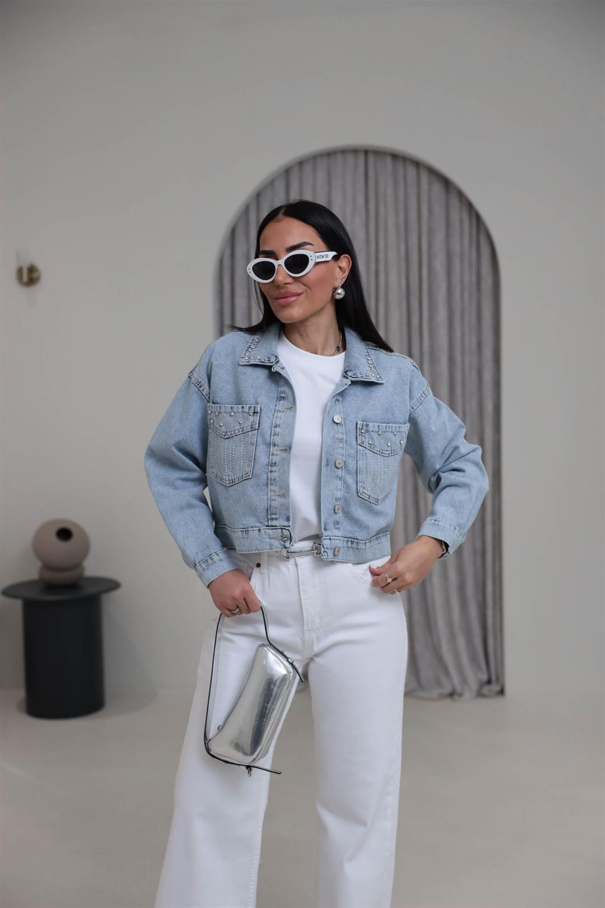 3640 Yaka Ve Cep Taşlı Denim Ceket BUZ MAVİ