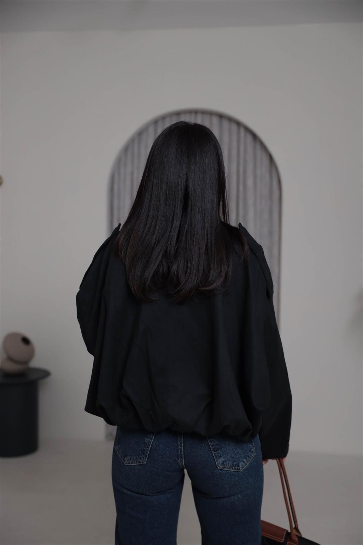 0493 Gömlek Yaka Apoletli Süet Bomber SİYAH