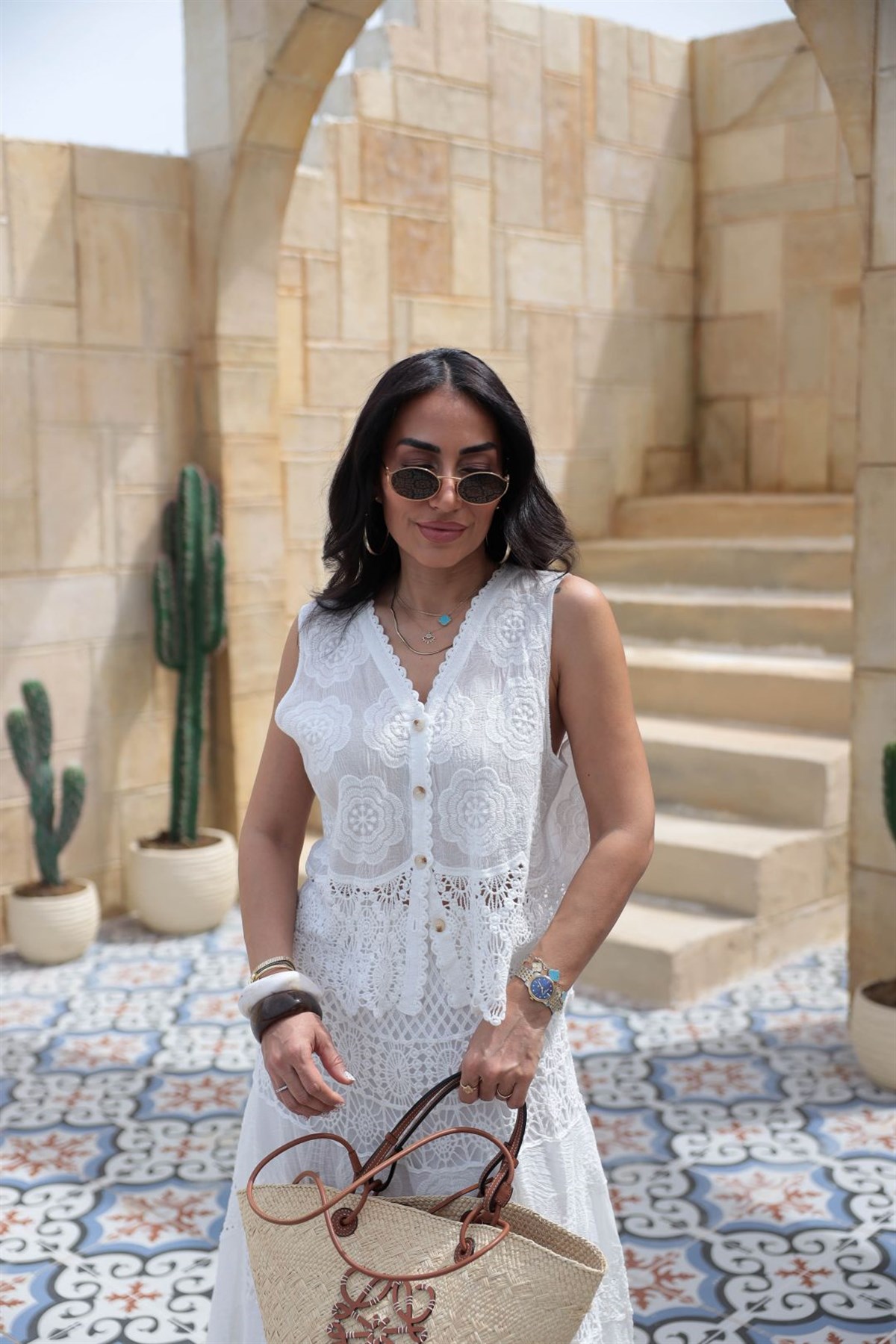 8402 Dantel Garnili İşleme Detaylı İthal Yelek BEYAZ