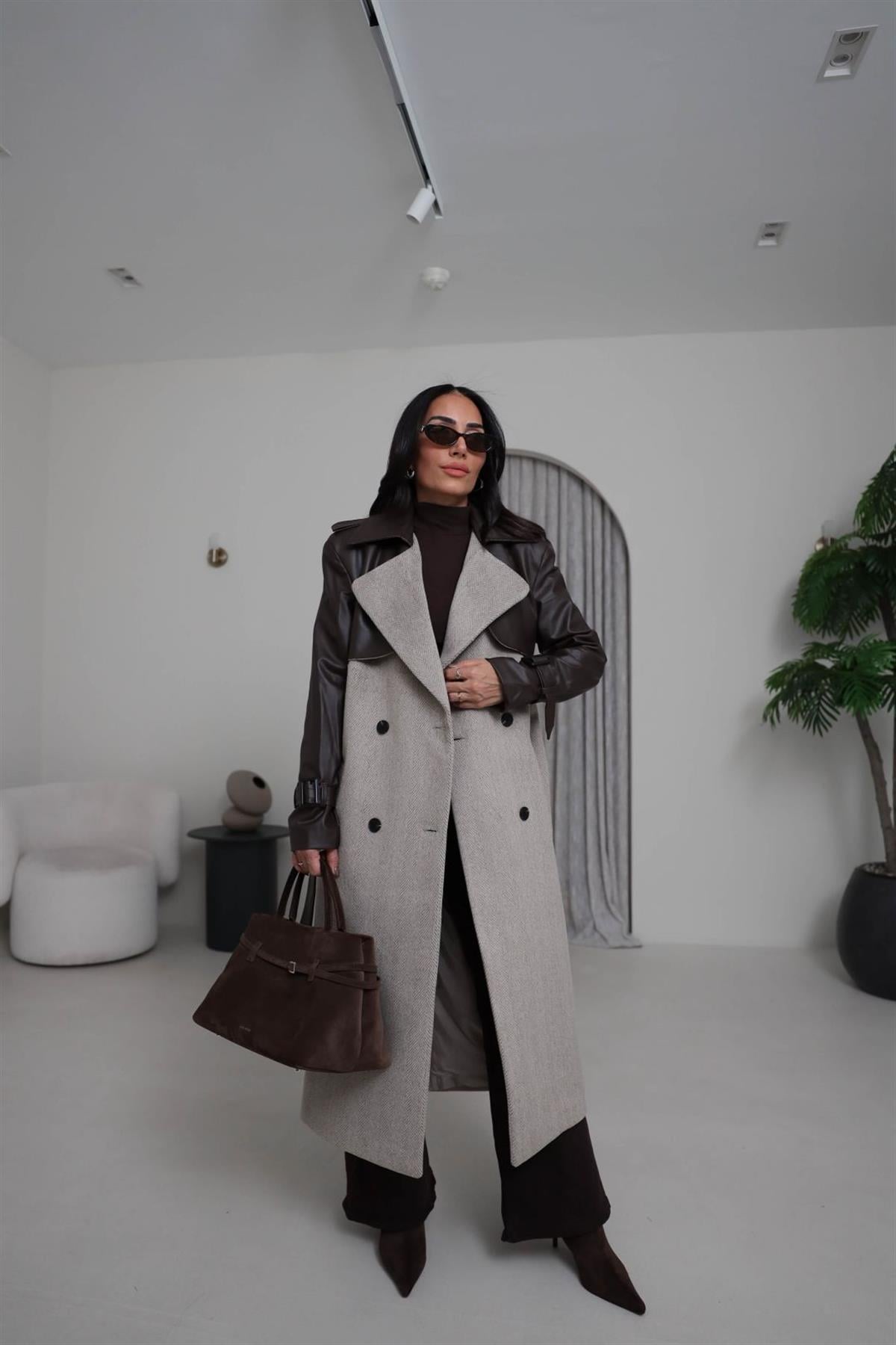 9039 Deri Garnili Kuşaklı Balıksırtı  Premium Kaban ACI KAHVE