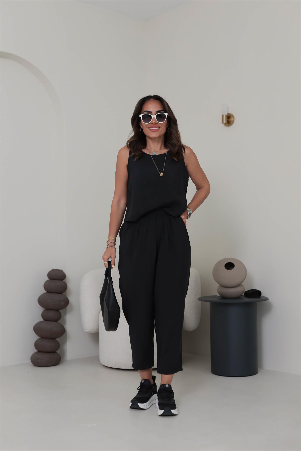 3089 Tencel Kumaş Kolsuz Takım SİYAH