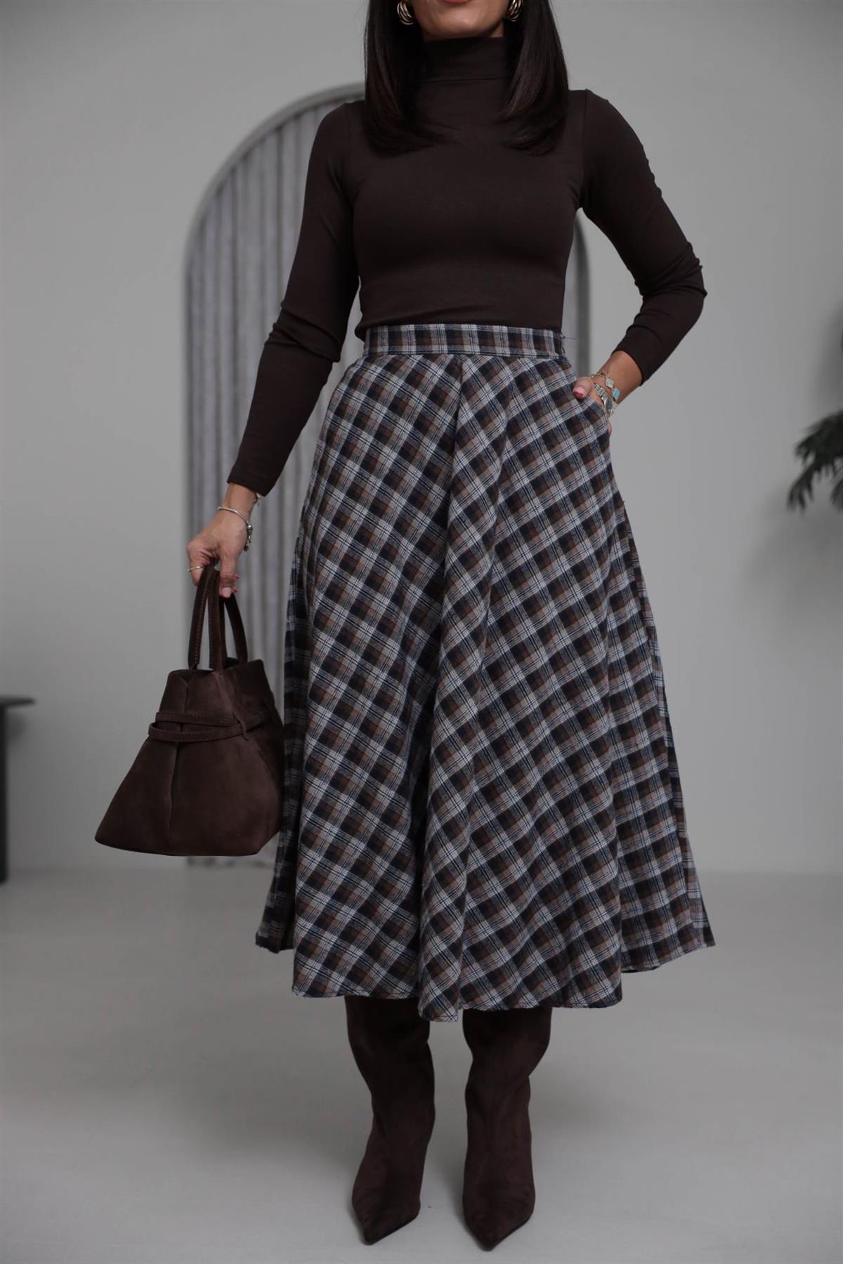 4086 Midi Boy Ekose Etek BEJ-KAHVE