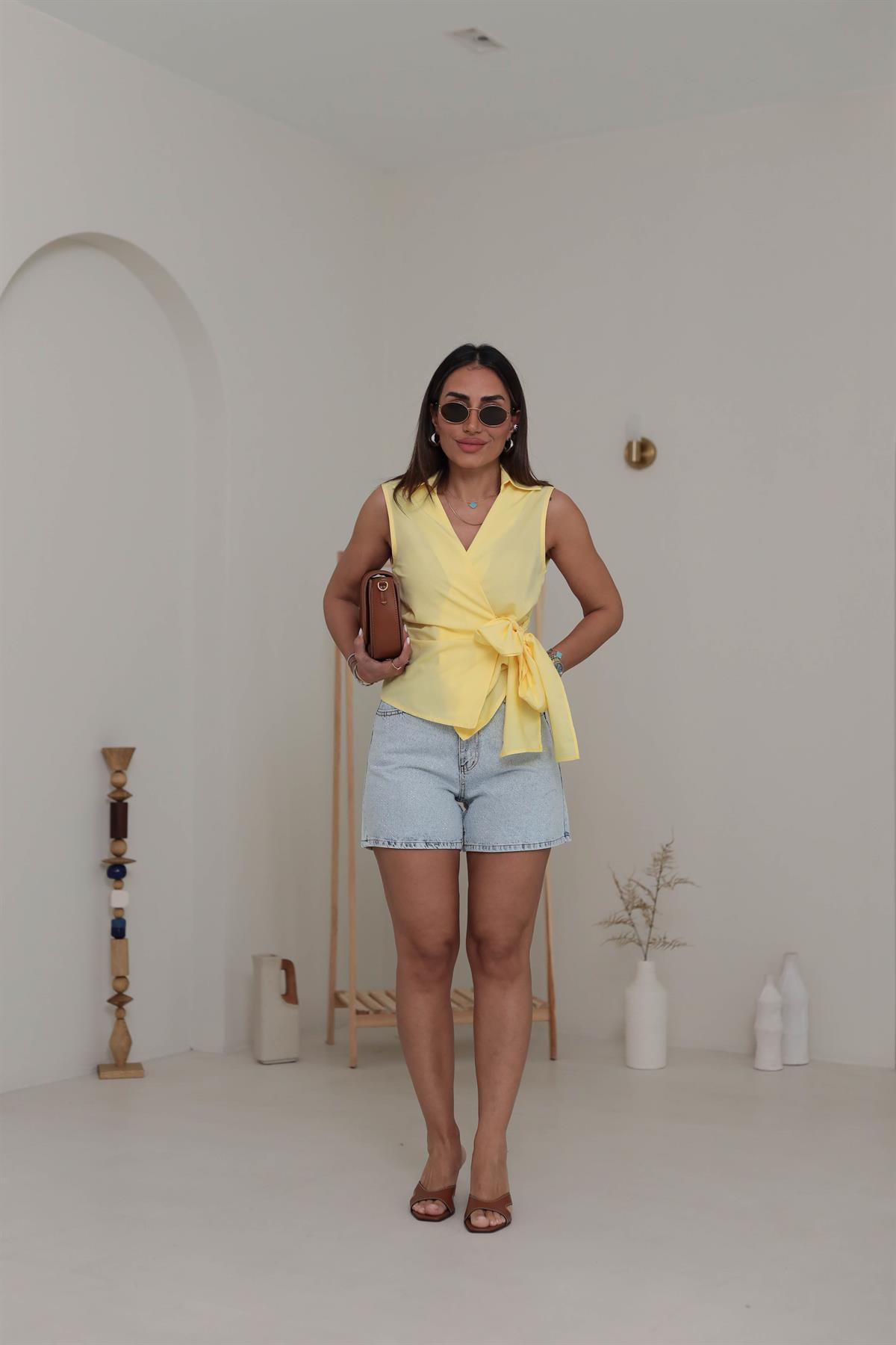 0557 Sıfır Kol Kruvaze Bağlamalı Gömlek Bluz SARI