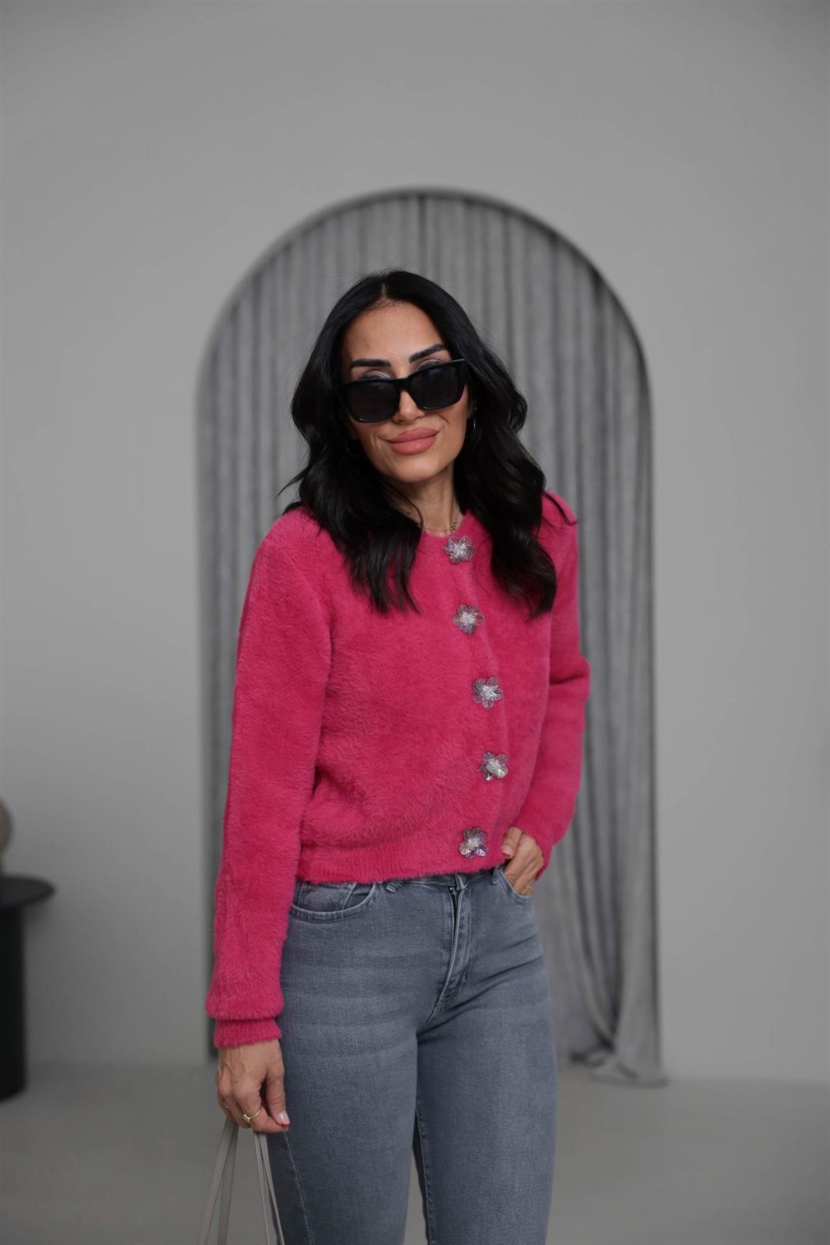 314 Çiçek Düğmeli Çıtçıtlı Yumoş Hırka FUŞYA