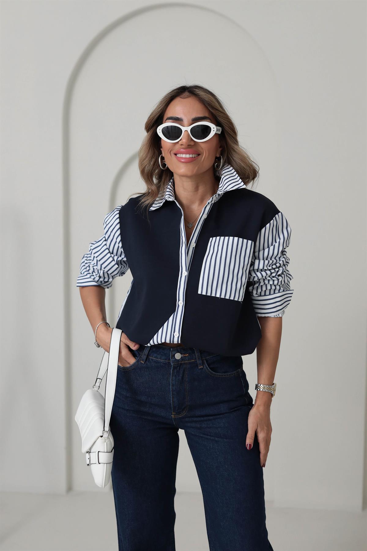 2988 Çizgili Poplin Garnili Gömlek LACİVERT