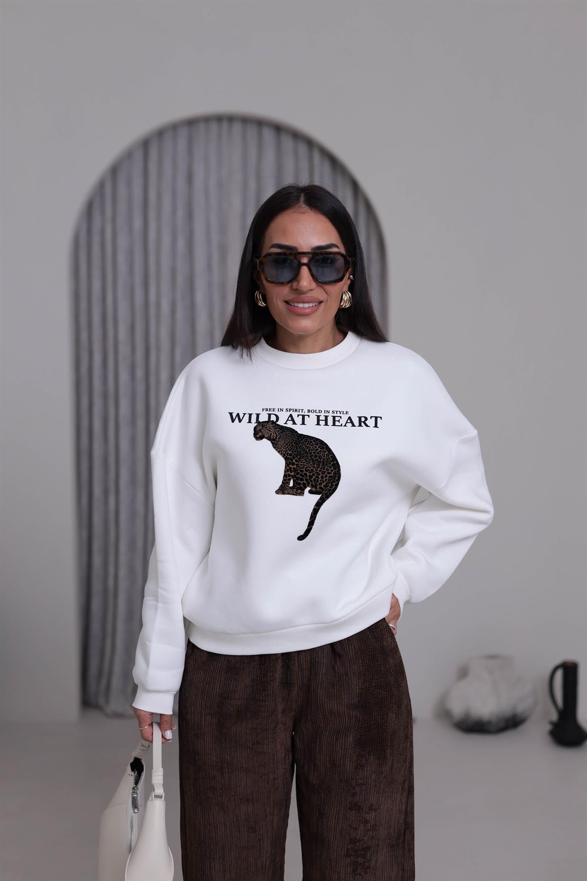 1074 Leopar Flok Baskılı Şardonlu Sweatshirt EKRU