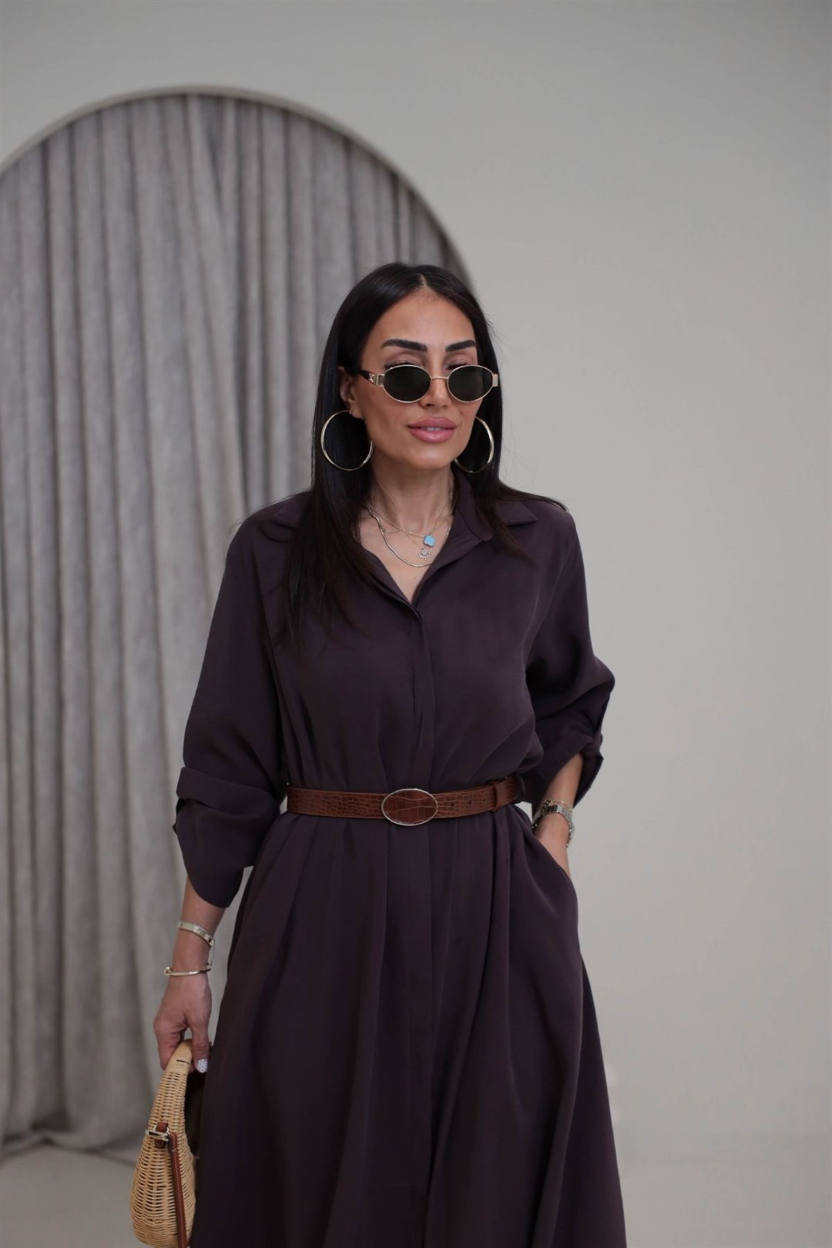 3270 Kemer Detaylı Tencel Kumaş Gömlek Elbise MÜRDÜM