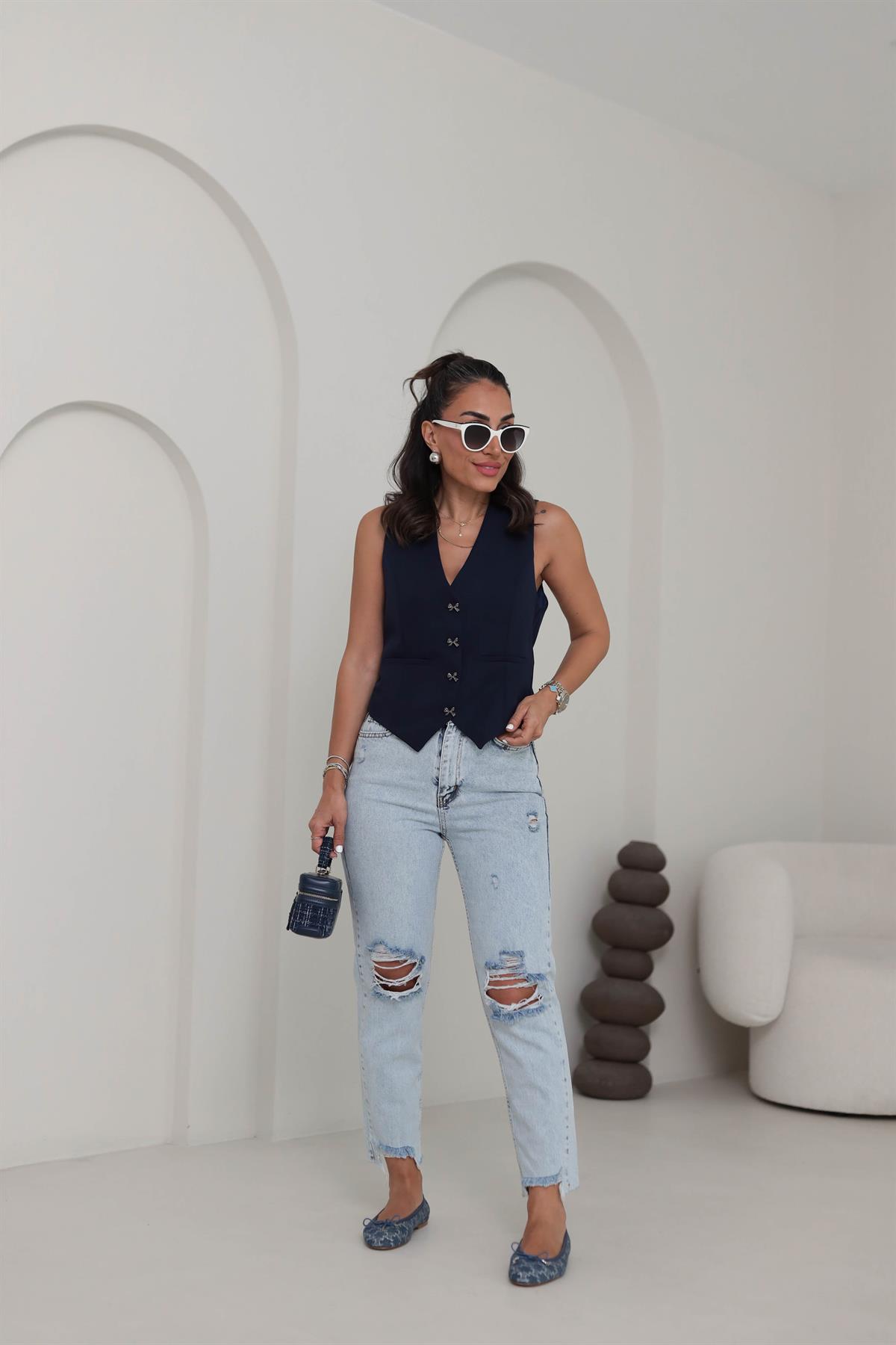 0464 Gümüş Fiyonk Düğmeli Double Yelek LACİVERT