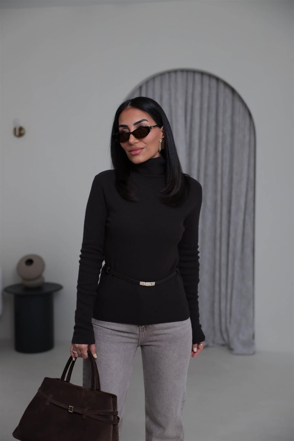 0861 Balıkçı Yaka Kaşmirli Kemerli Kazak KAHVE