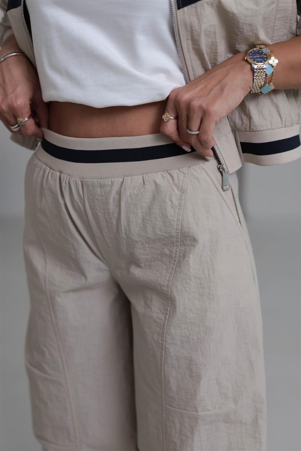 0766 Bel Ribanalı Paraşüt Kumaş Pantolon BEJ
