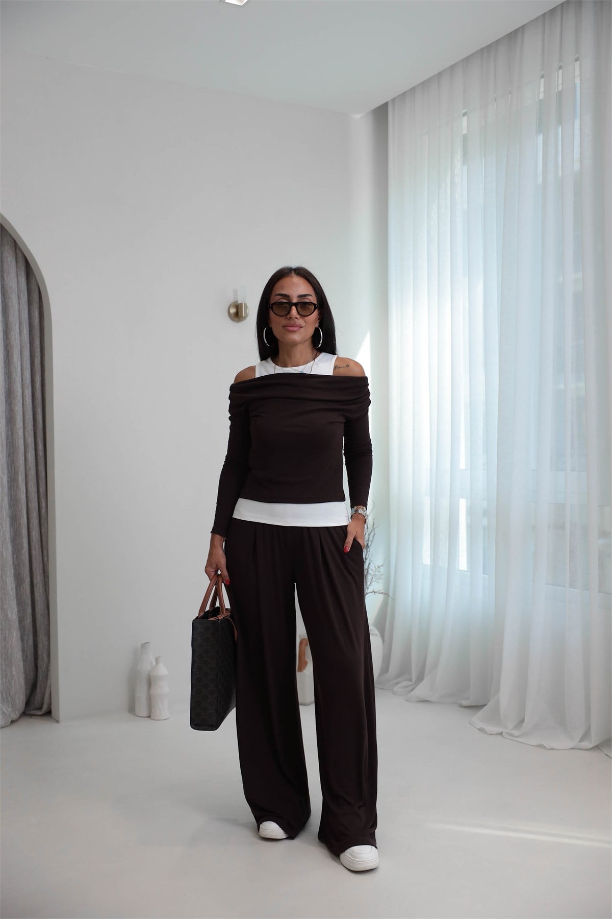 2779 Atlet Detaylı Dökümlü Bluz Pantolon Takım ACI KAHVE