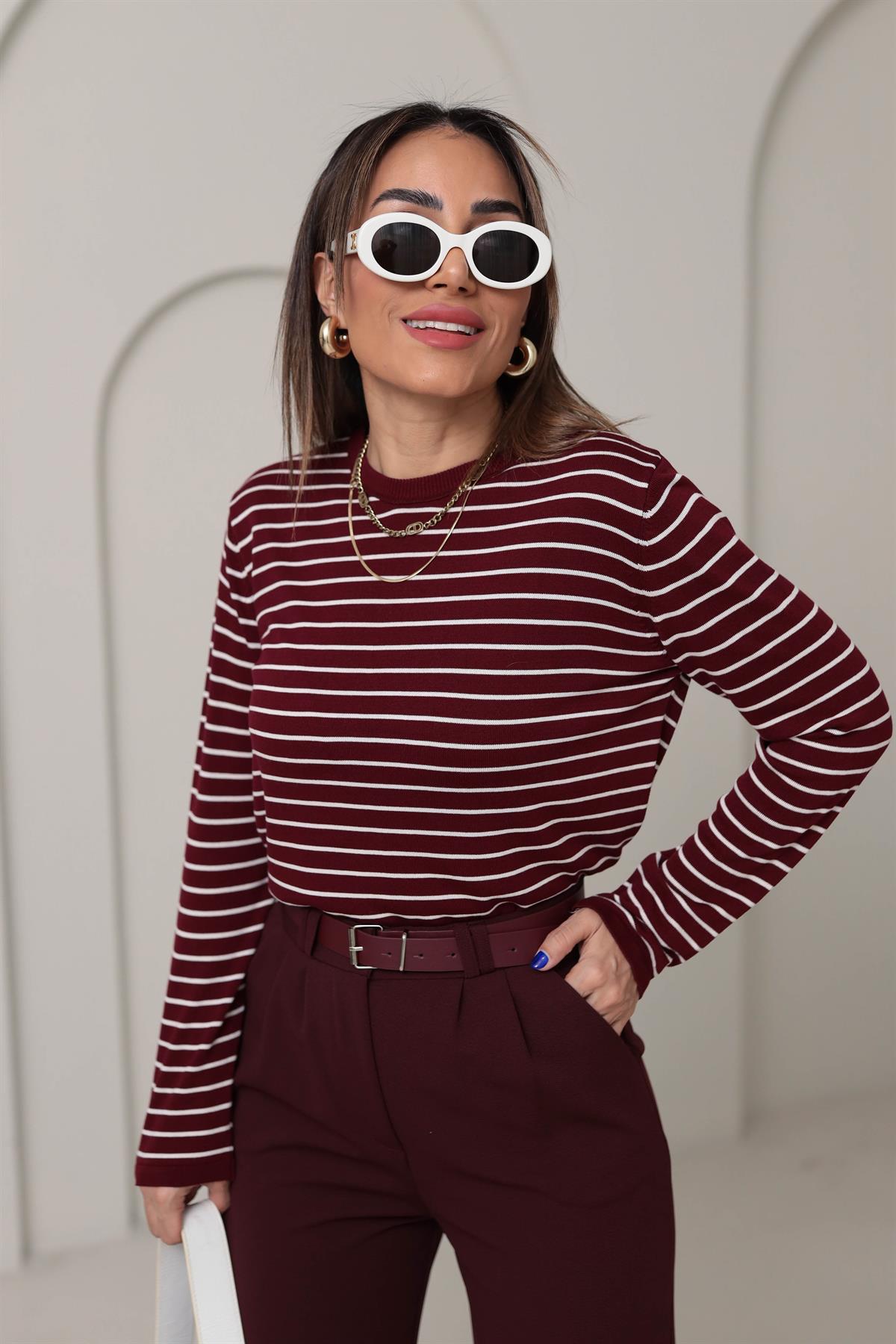 Çizgili Bisiklet Yaka Merzerize Triko BORDO