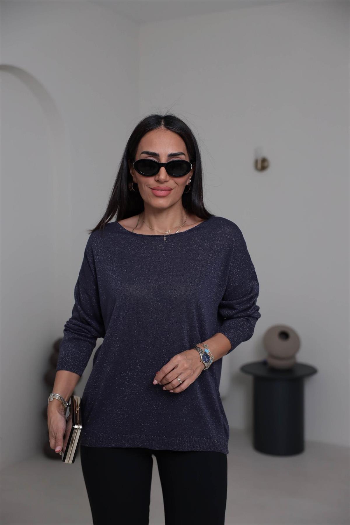 Kayık Yaka Simli Bluz FÜME