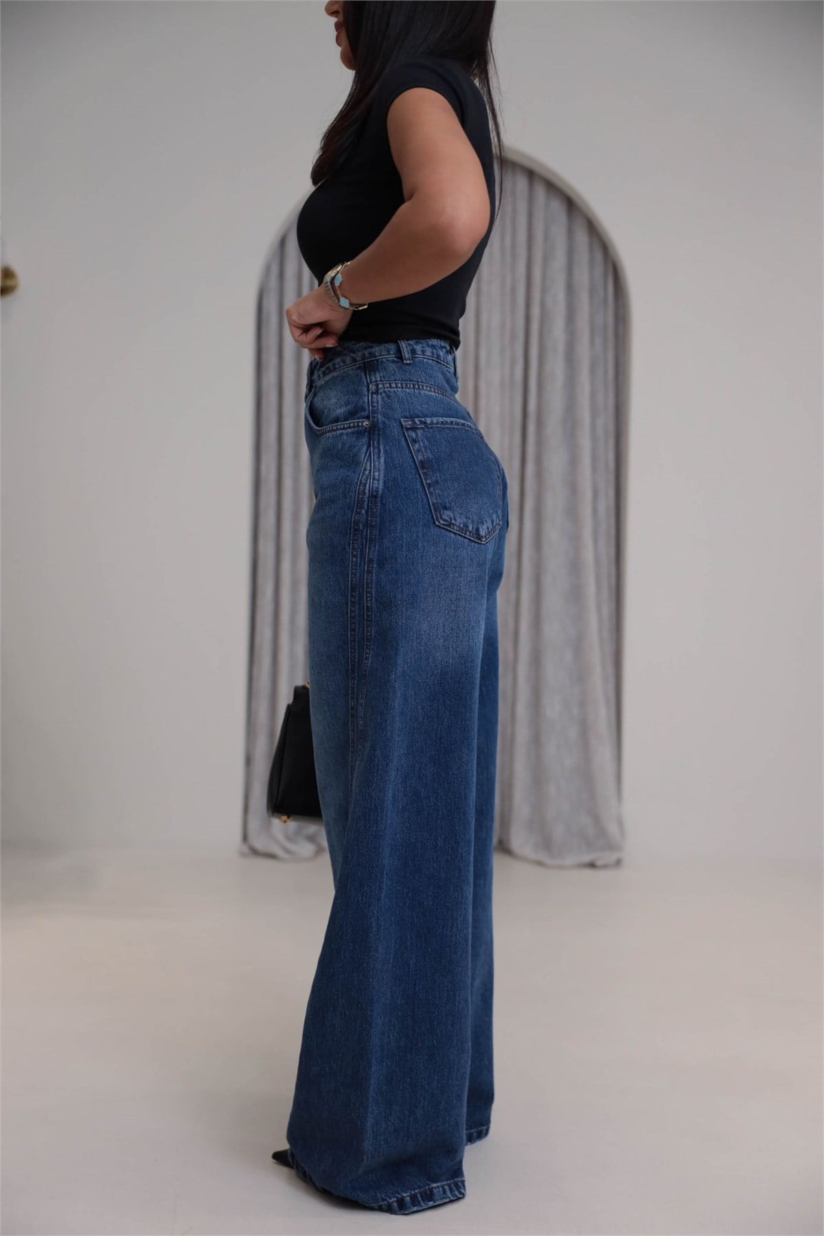 1067 Yanları Dikiş Detaylı Wide Leg Denim Pantolon KOYU MAVİ