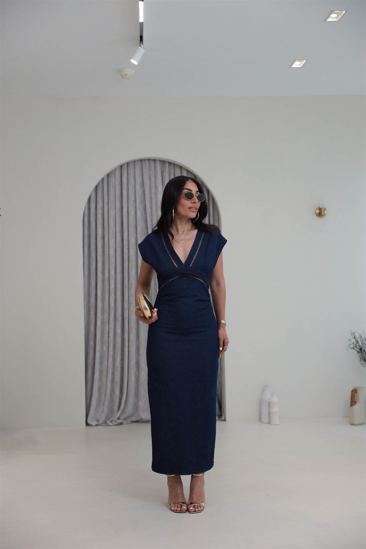 1027 V Yaka Şerit Detaylı Denim Elbise LACİVERT