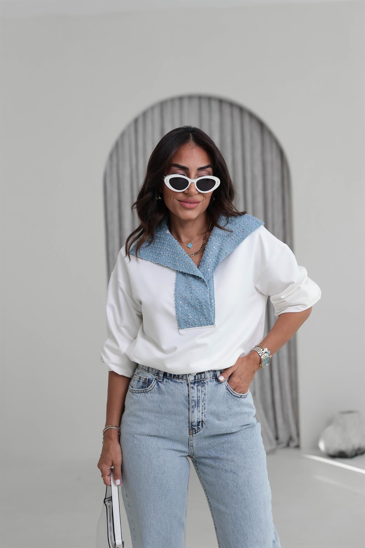 6730 Payetli Kot Garnili Sweatshirt EKRU