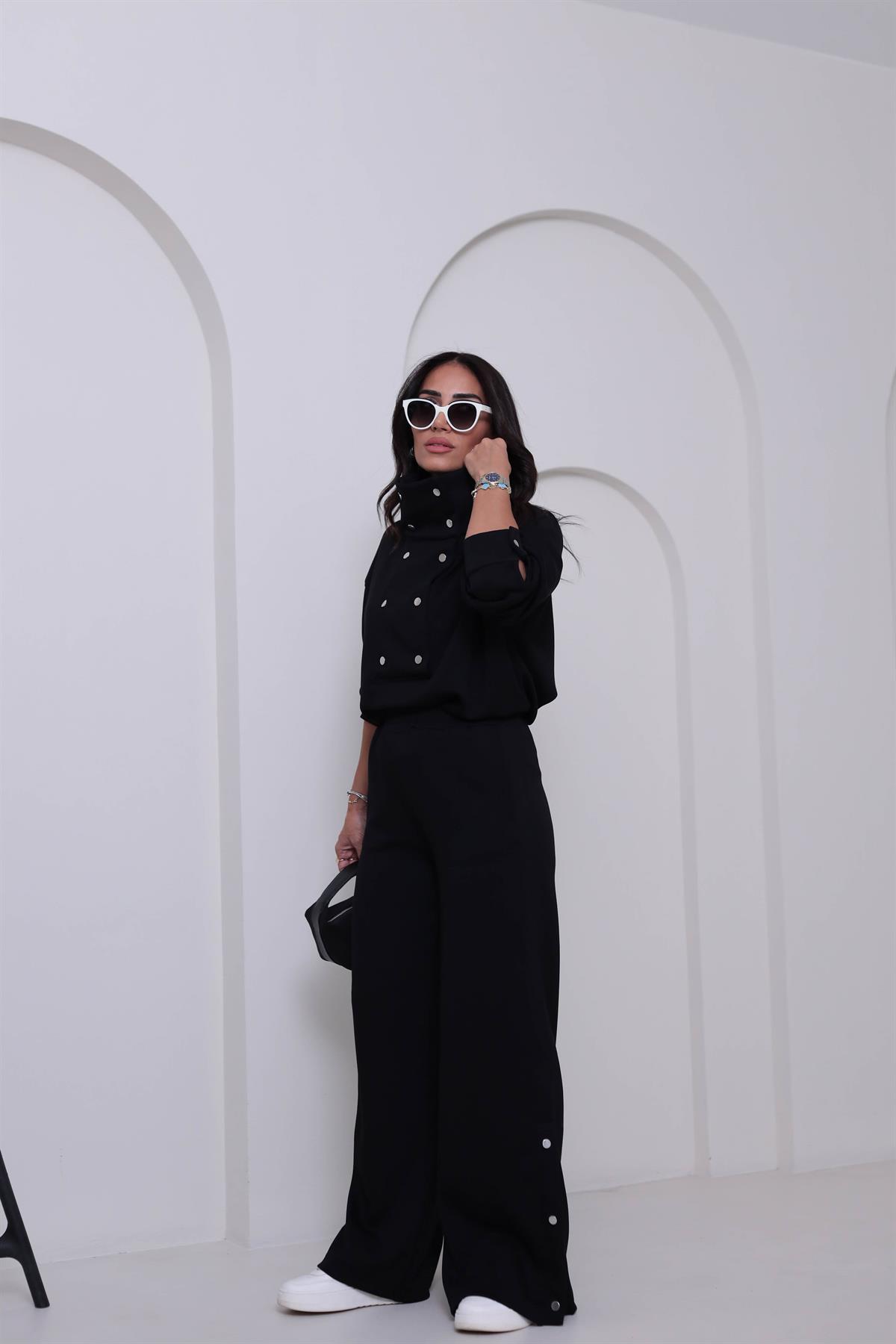 6704 Dik Yaka Çıtçıt Detaylı Modal Takım SİYAH