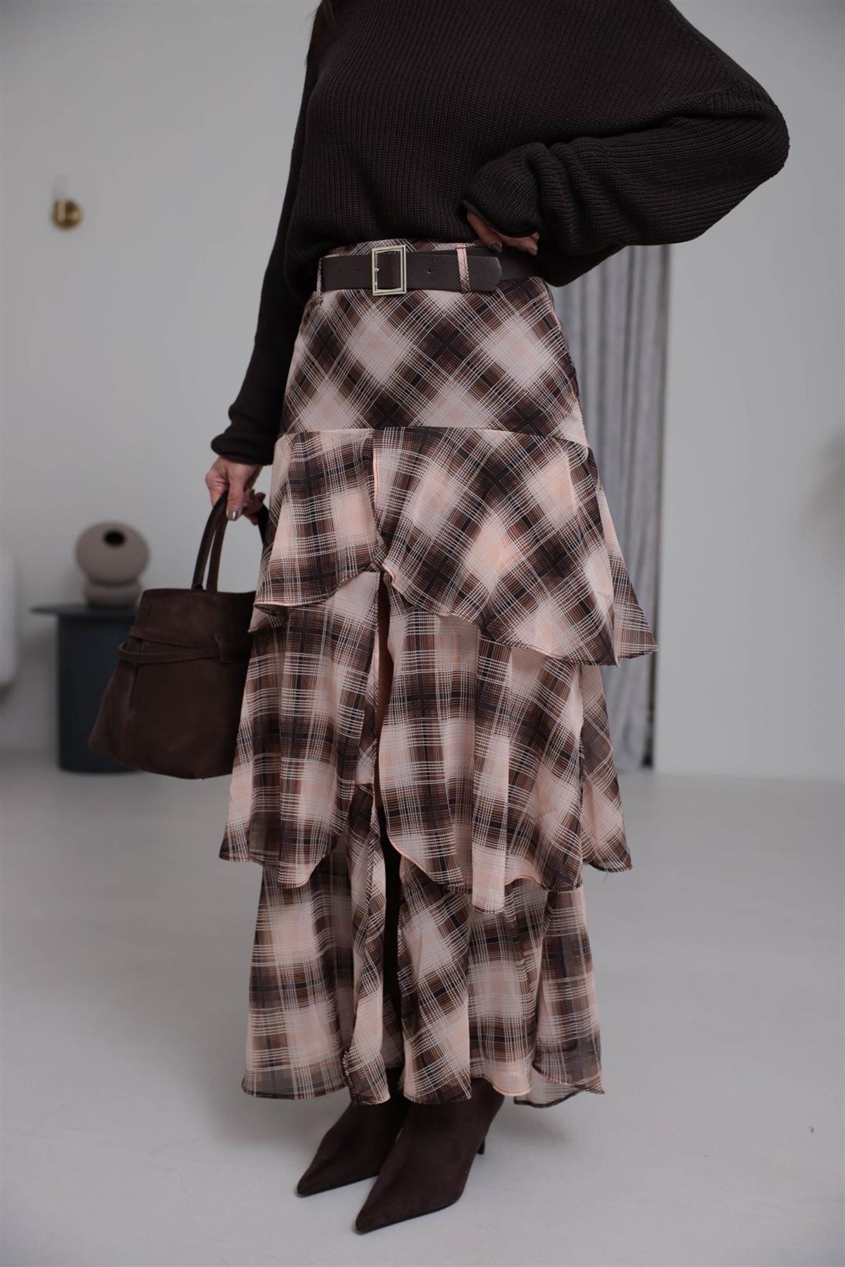 7205 Kemerli Katlı Şifon Etek BEJ-KAHVE