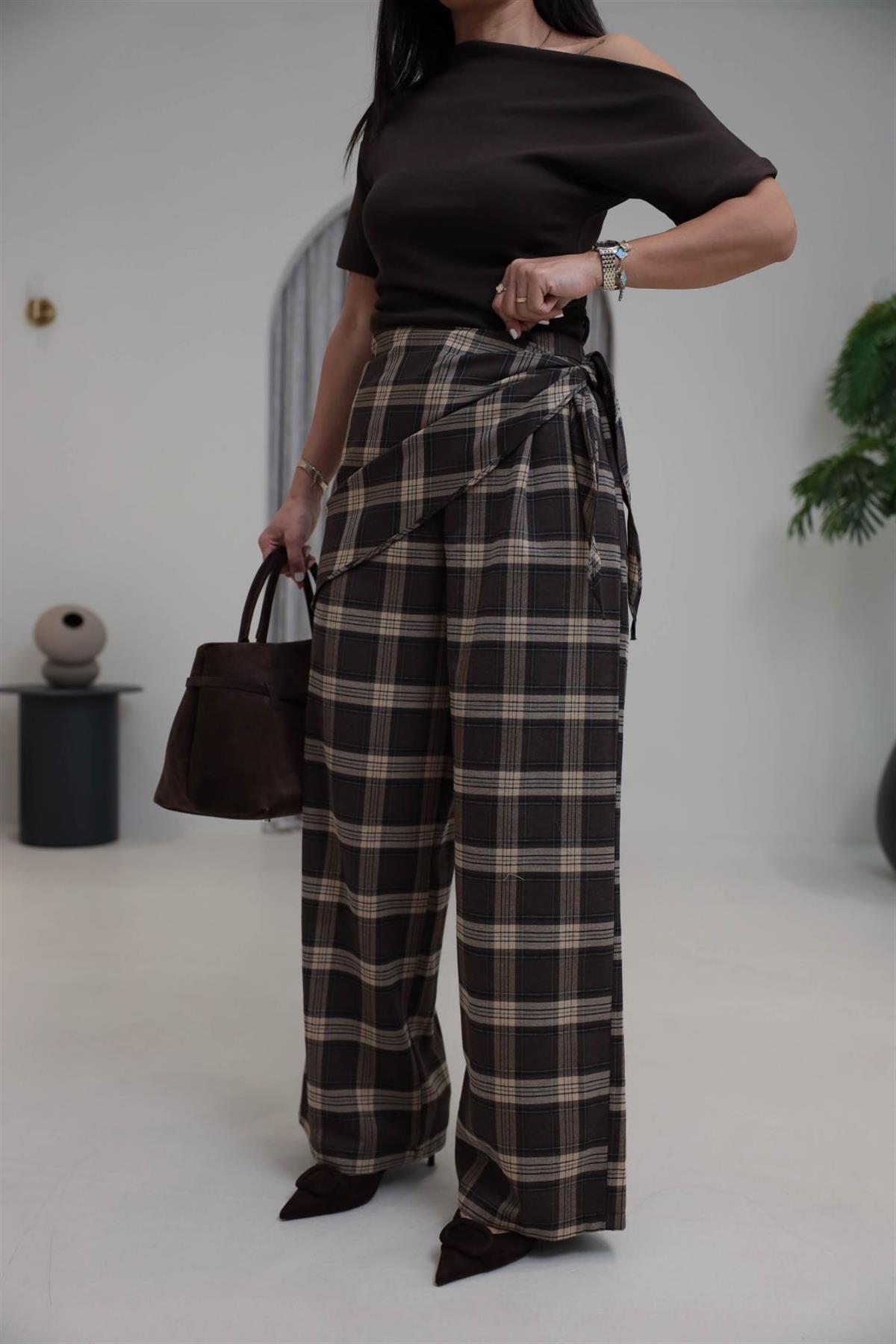 1508 Arka Bel Lastikli Bağlama Detaylı Ekose Pantolon KAHVE